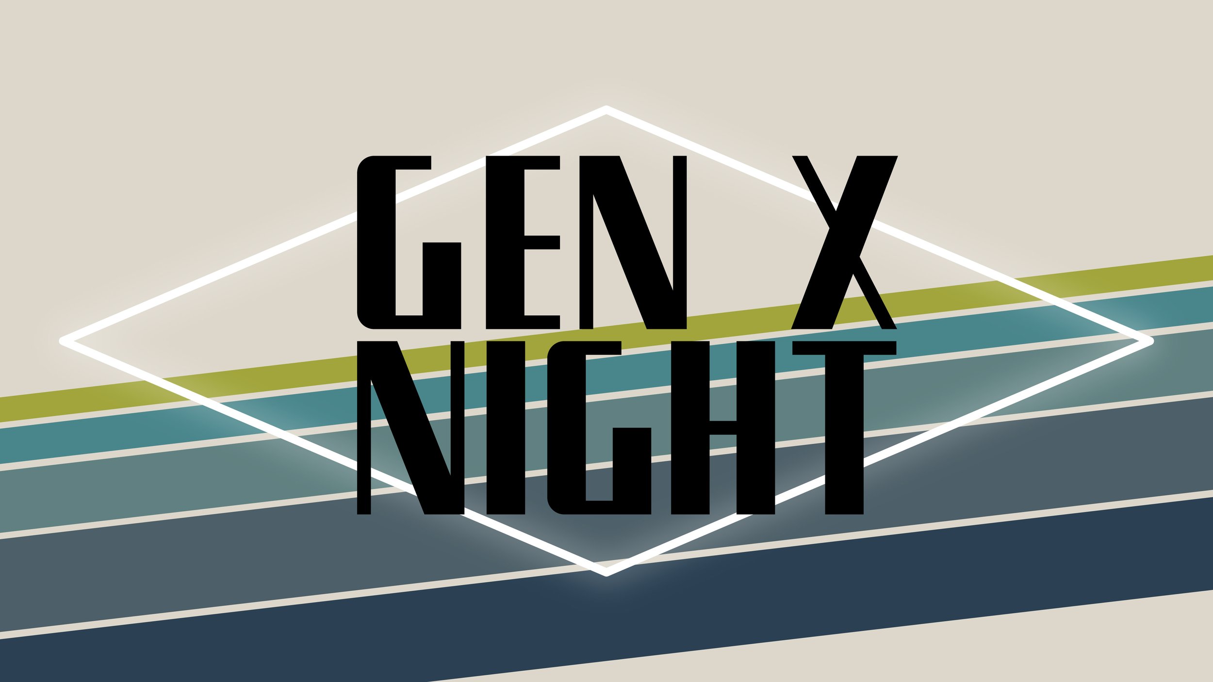 Neon sign reading 'GEN X NIGHT' with horizontal colored lines in the background.