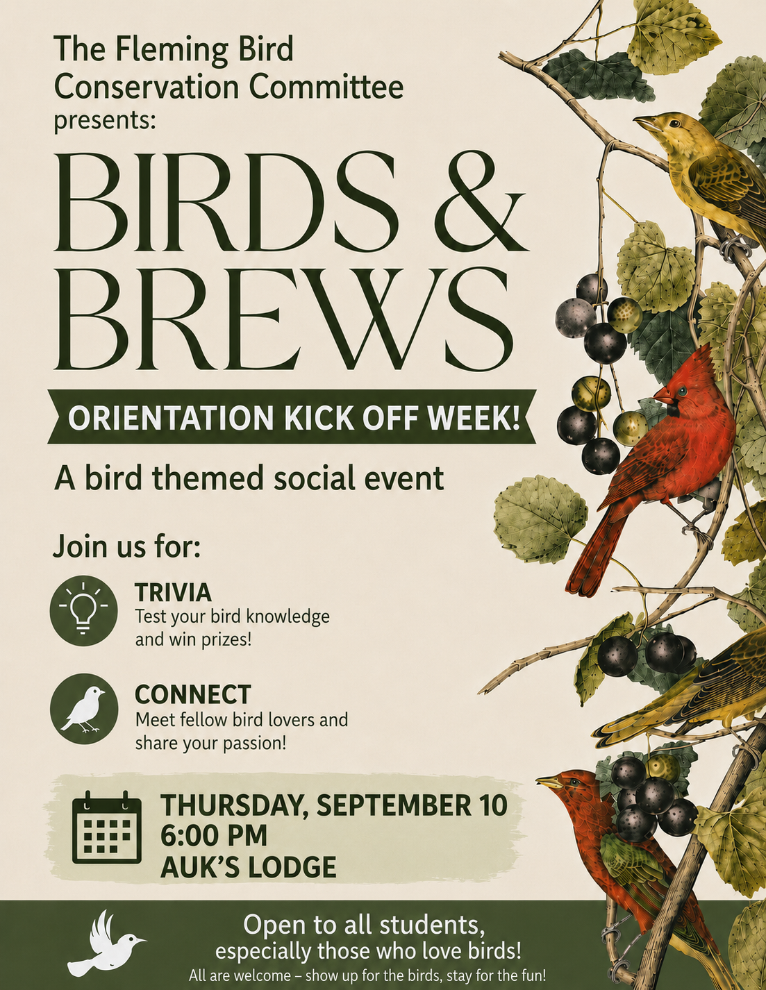 Birds and Brews Orientation Fall 2026 Poster.png