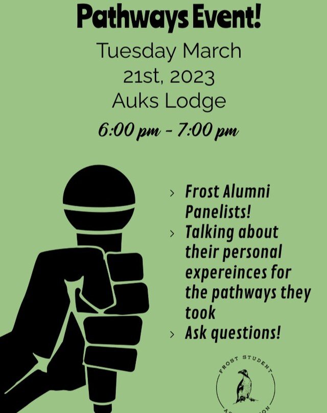 Want to learn about different pathway options available to you after graduation? Then look no further than the FSA pathways event! Tuesday, March 21st, from 6:00 pm to 7:00 pm at the Auks lodge! We will have alumni talking about their experiences, an