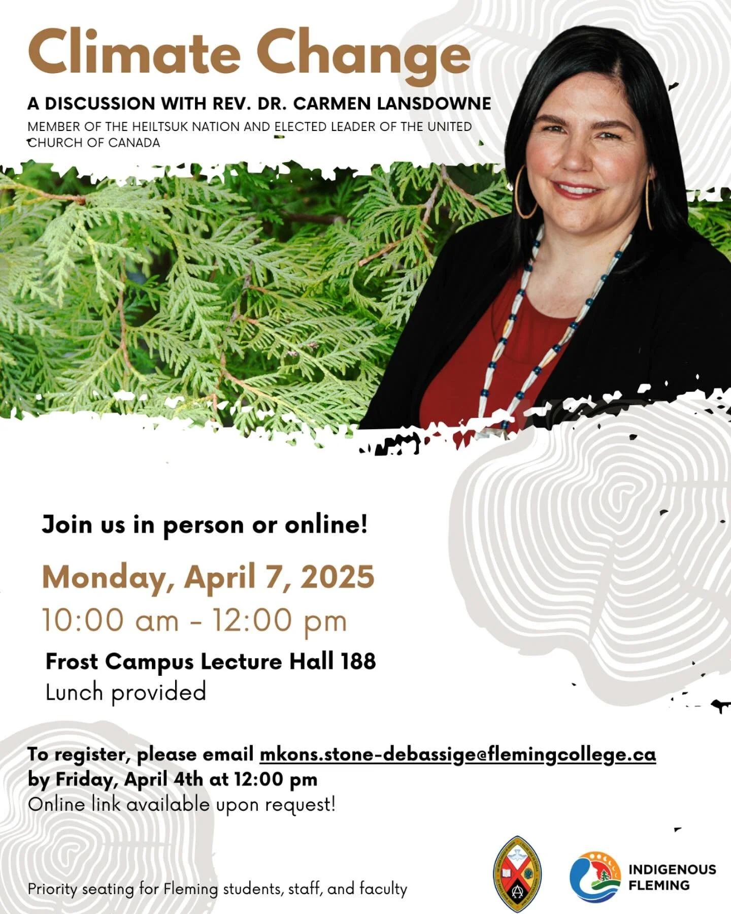 Mark your calendars for 10am on Monday, April 7th!
 
We have Carmen Lansdowne coming to Frost Campus to provide a guest lecture on climate change, and human flourishing! Carmen is a member of the Heiltsuk First Nation, and is the elected leader of Th