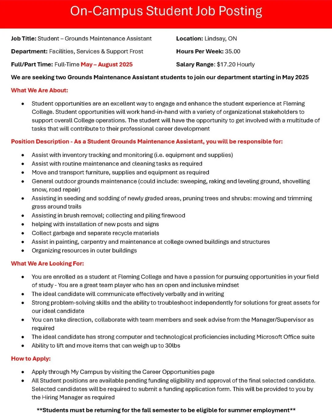 🌿 Fleming Now Hiring: Grounds Maintenance Assistants! 🌿
Looking for a full-time summer job on campus? Join the Facilities team at Fleming College &ndash; Frost Campus and gain hands-on experience in outdoor maintenance and more!

📍 Location: Linds