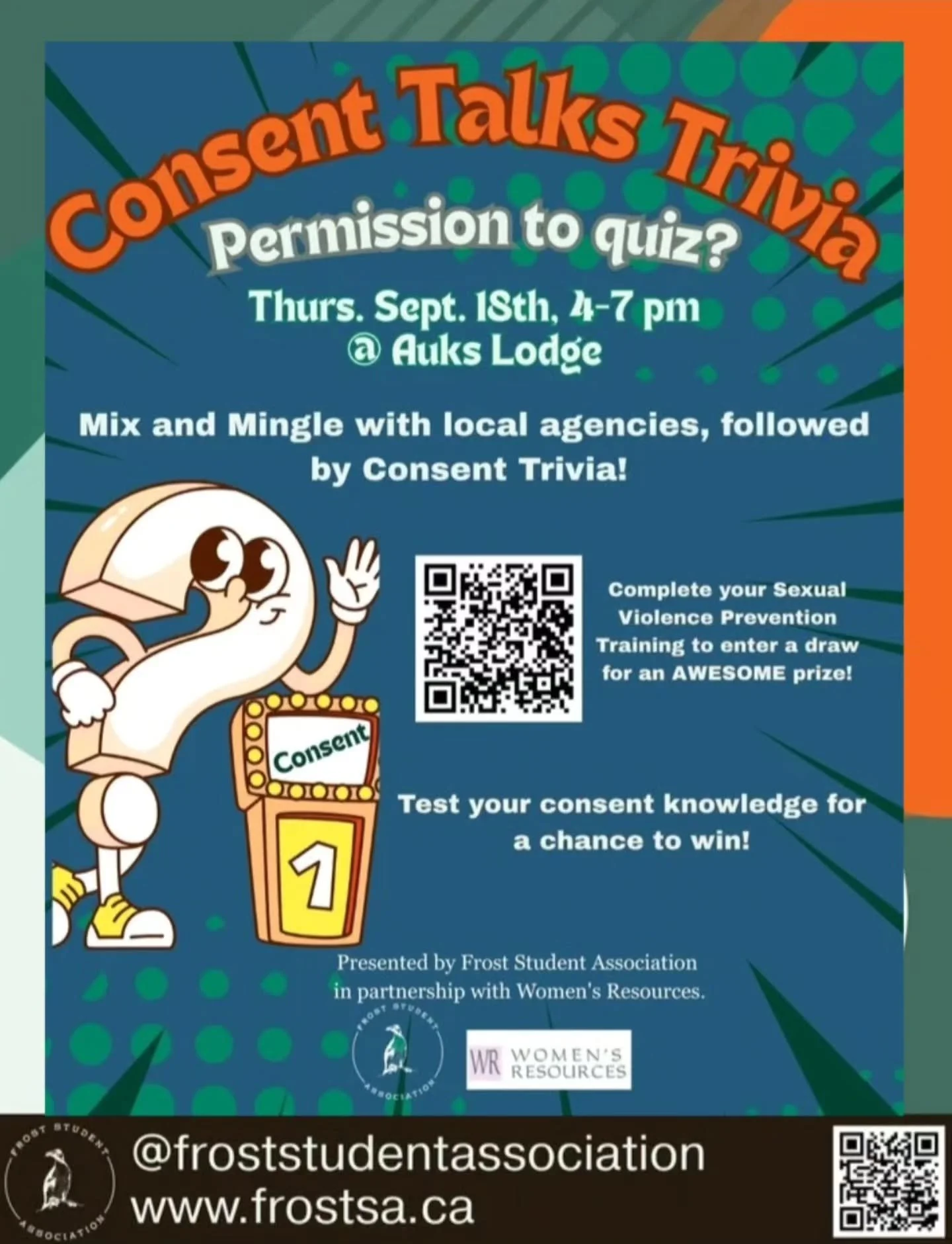 Consent Talks Trivia: Permission to Quiz? 🧡
Join us Thursday, Sept. 18, from 4&ndash;7 PM at Auk&rsquo;s Lodge for an afternoon of connection and fun! ✨
✔️ Mix &amp; mingle with local service agencies
✔️ Test your knowledge with Consent Trivia
✔️ Co