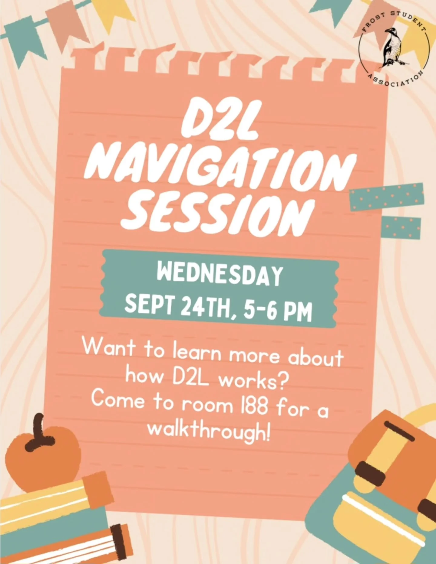❓️Want to learn more about the inner workings of D2L?

Join the FSA President in room 188 at 5 pm on Wednesday for a navigation session!