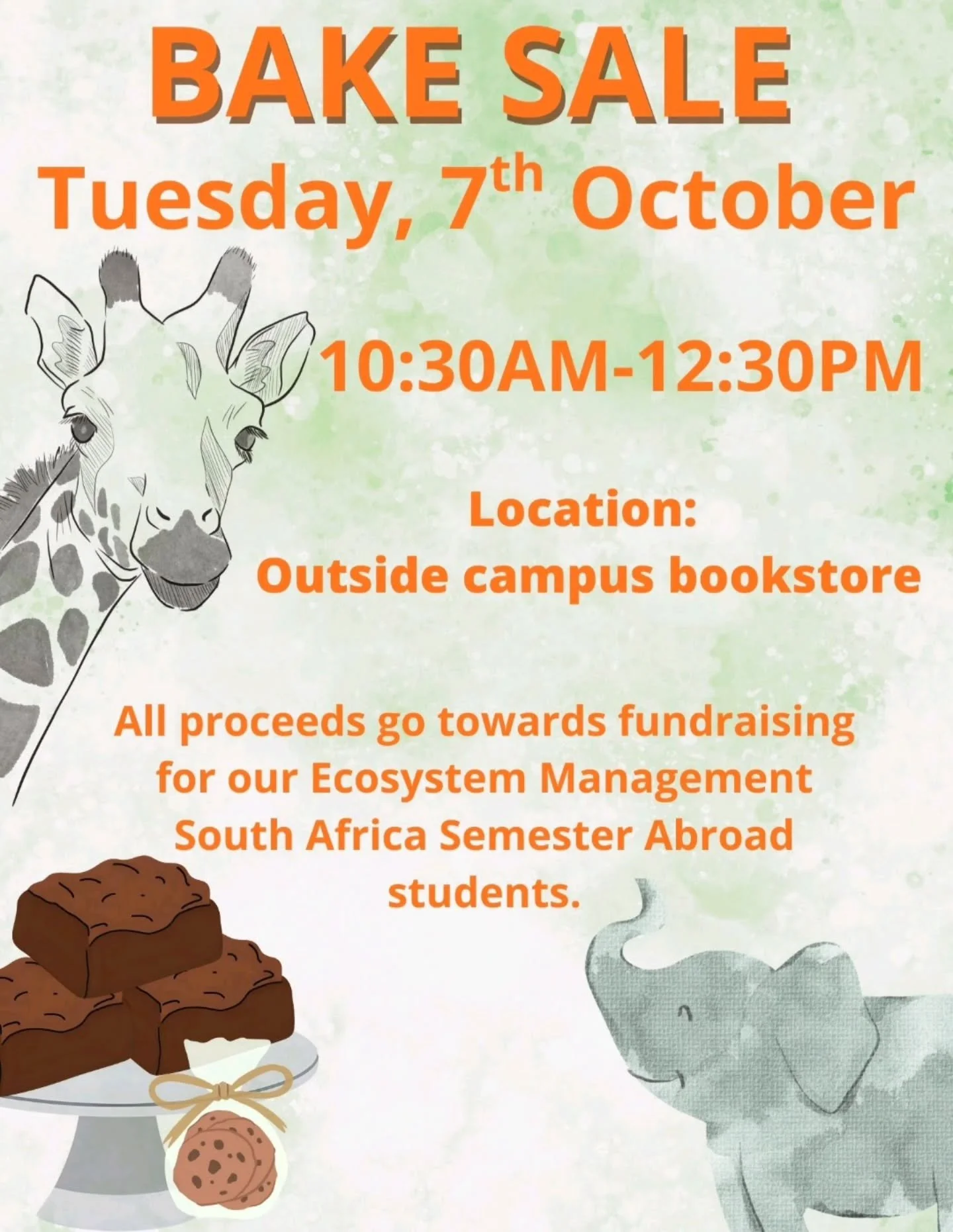 Join us for a delicious Bake Sale on Tuesday, October 7th, from 10:30 AM to 12:30 PM, right next to the Frost campus store! 🍪🧁 

Dive into delicious homemade treats and help fund our amazing semester abroad in South Africa. 

Your support means the