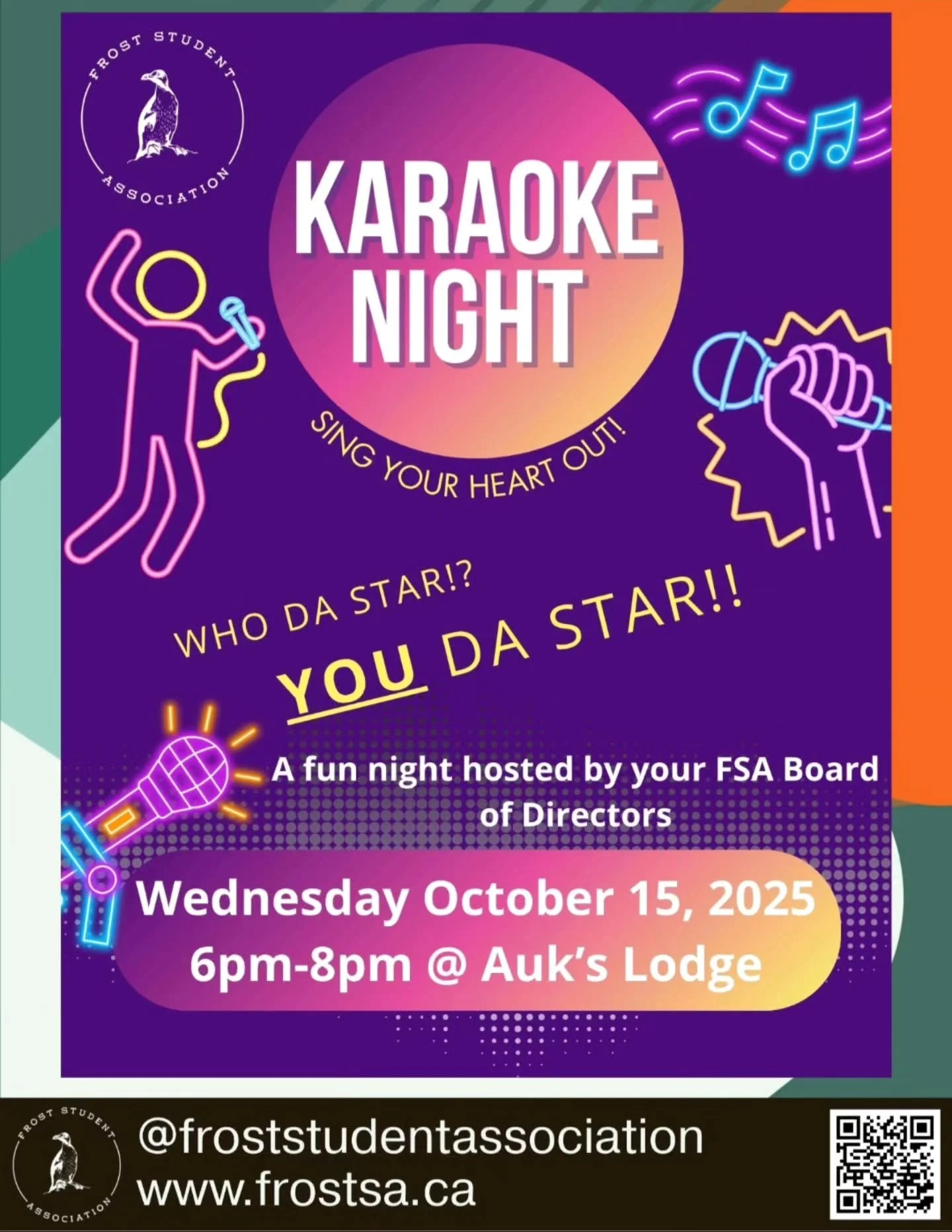 Are you a shower superstar? A diva in disguise? Have you been itching for a chance to show off your perfect pitch? If so, the wait is over!

The FSA is proud to announce that our first Karaoke Night will be happening on October 15th, from 6 pm to 8 p