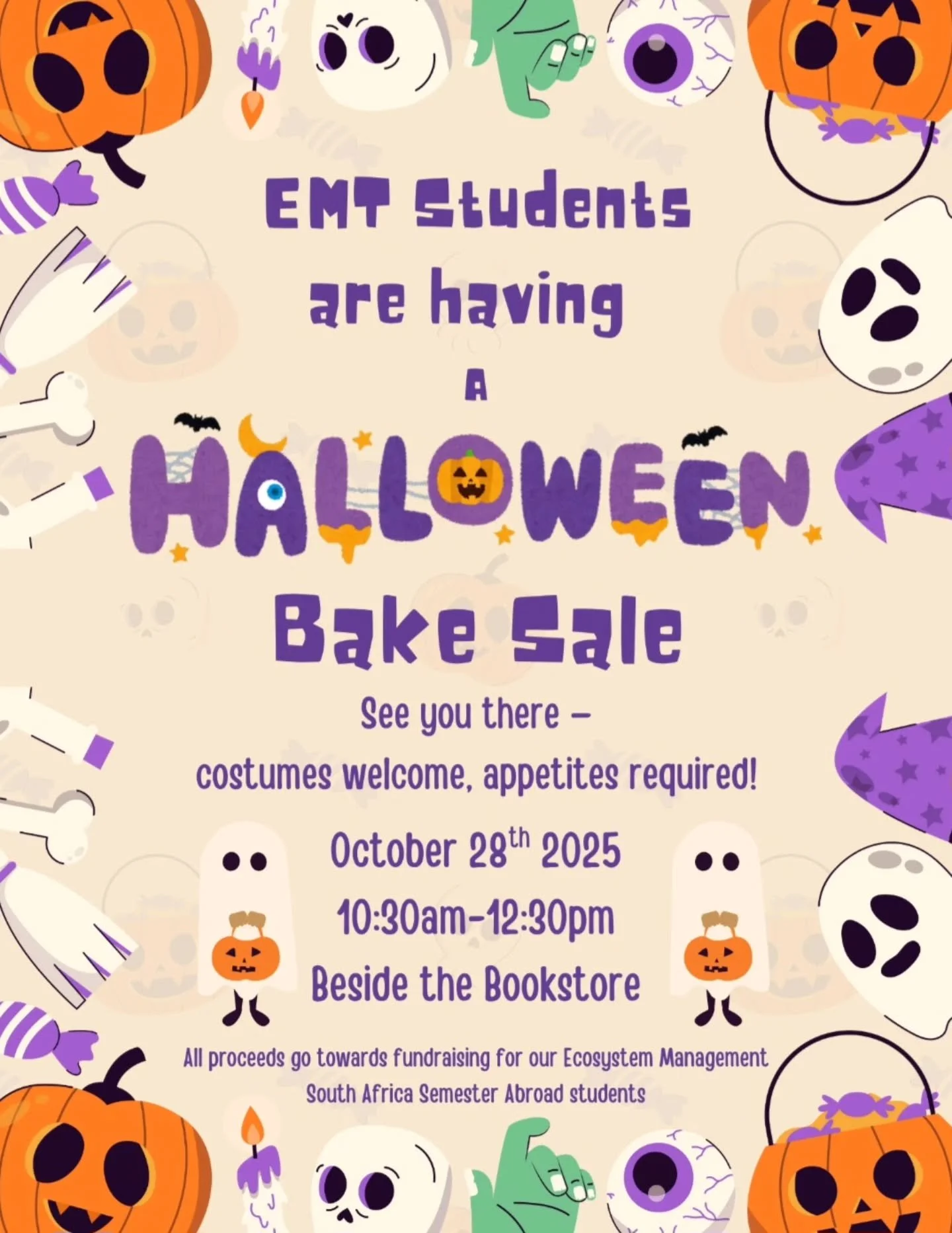 🎃 Ghoul-icious Goodies for a Great Cause! 🕸️

This Halloween, treat yourself to a frightfully delicious spread of homemade goodies&mdash;no tricks, just treats!

 Every bite helps fund our thrilling semester abroad in South Africa 🌍. 

Your suppor