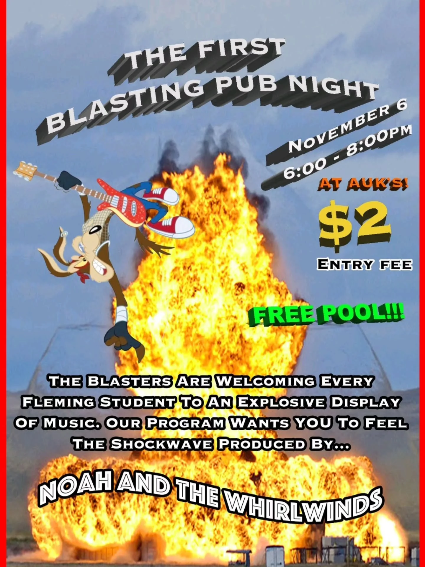 ⚠️It's about time... Blaster's Pub Night is on!!!💥

💣Auk's Lodge &mdash; Thursday, November 6th, 6:00 - 8:00 pm💣

🎱$2 Entry &mdash; FREE POOL &mdash;  LIVE MUSIC 🎸🥁

We've been preparing and crafting an explosive event sure to excite and shake 