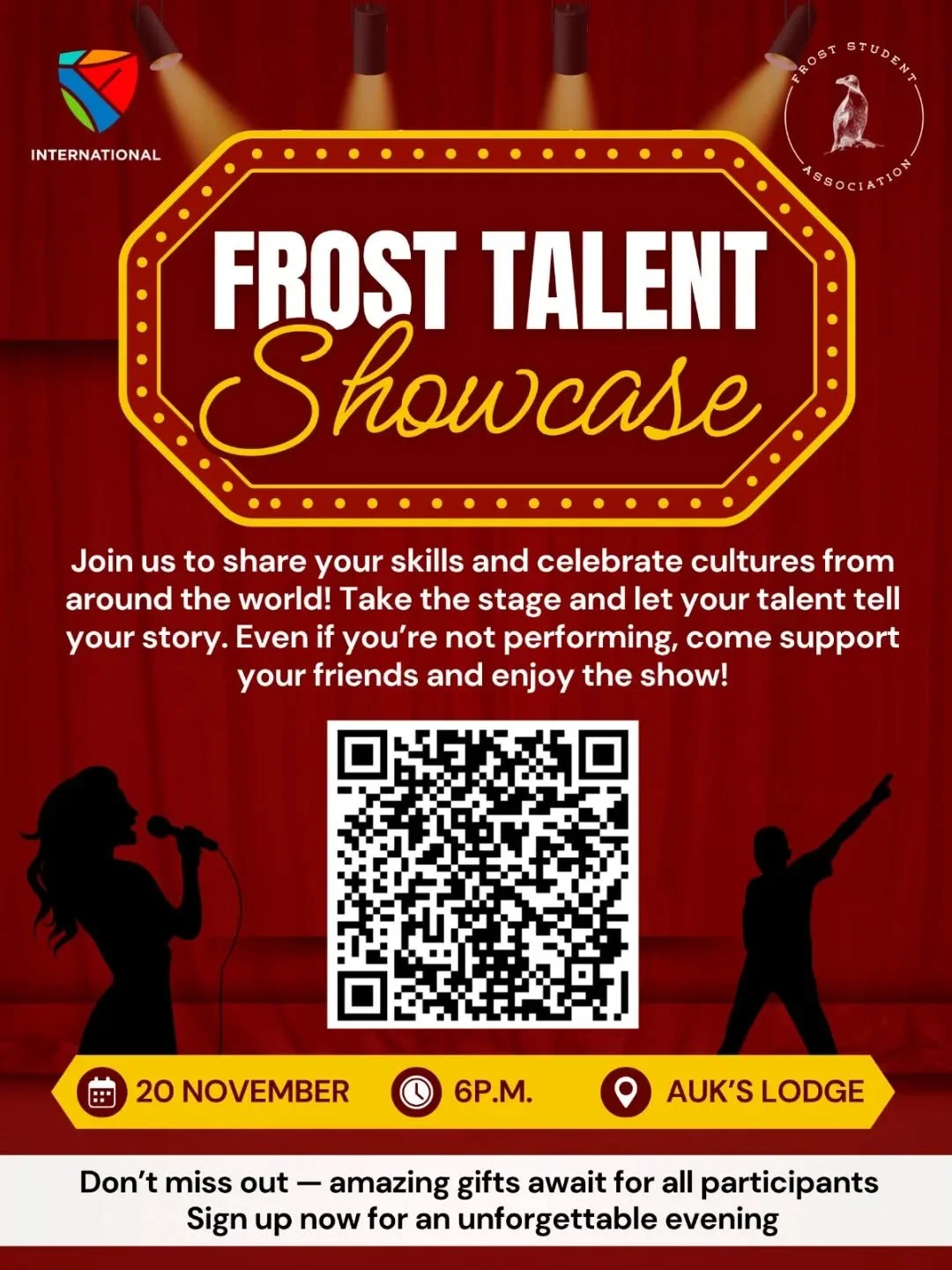 🎤✨ FROST TALENT SHOWCASE ✨🎭
Got talent? Show it off! 🌍 Join us for a night of incredible performances celebrating culture, creativity, and community at Frost.

🎶 Sing, dance, act, play &mdash; whatever your talent, this is your moment to shine!
?