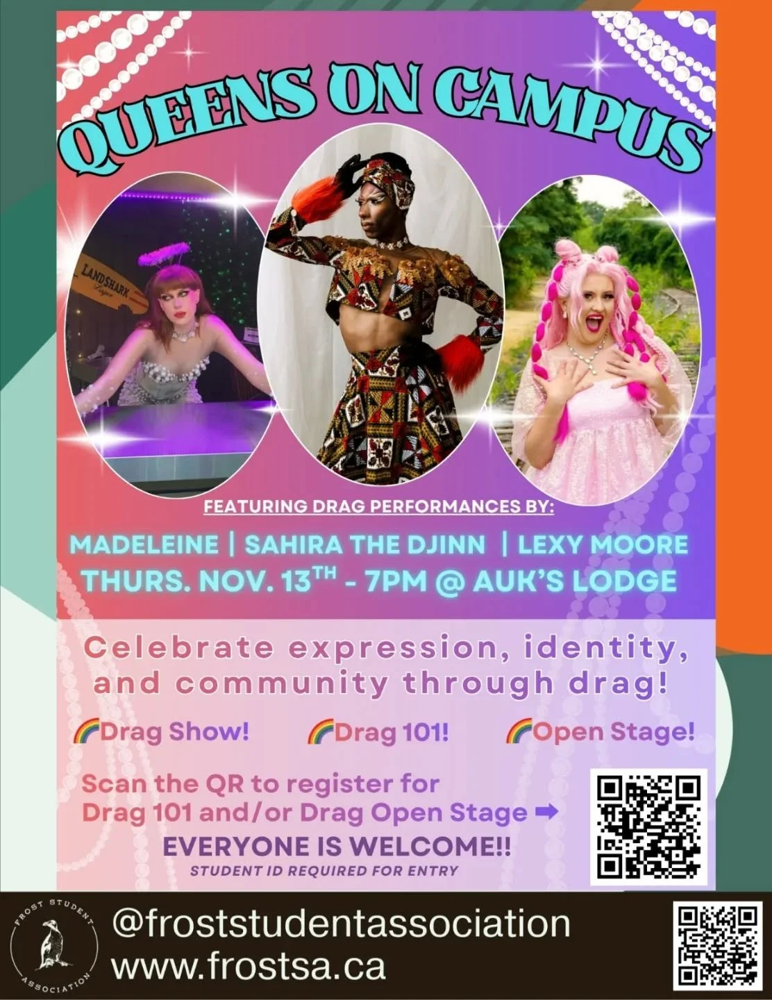 👑🌈✨ QUEENS ON CAMPUS ✨🌈👑
FROSTIES! Are you ready to get FABULOUS?! 💅
Join us for the first Drag Show of the year &mdash; a night of fierce looks, big energy, and jaw-dropping performances from Sahira the Djinn, Madeleine, and Lexy Moore! 💄🔥
📅