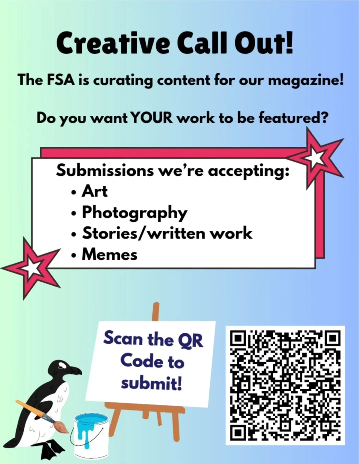 Do you have artwork you're willing to share? 

The FSA is gathering submissions for our upcoming magazine! 

Scan the QR code or email fsacommunicationsdirector@flemingcollege.ca to share!