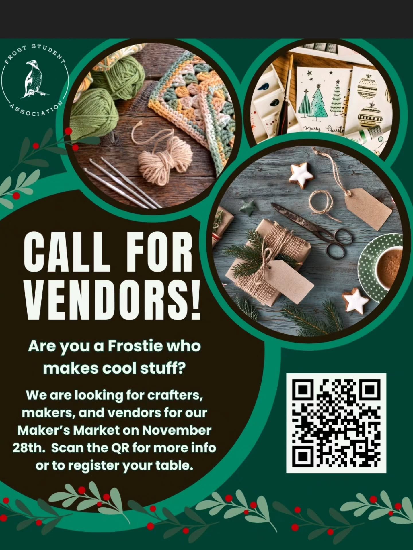 Want to sell your work to the campus? 

Scan the QR code to register as a vendor for our Maker's Market!