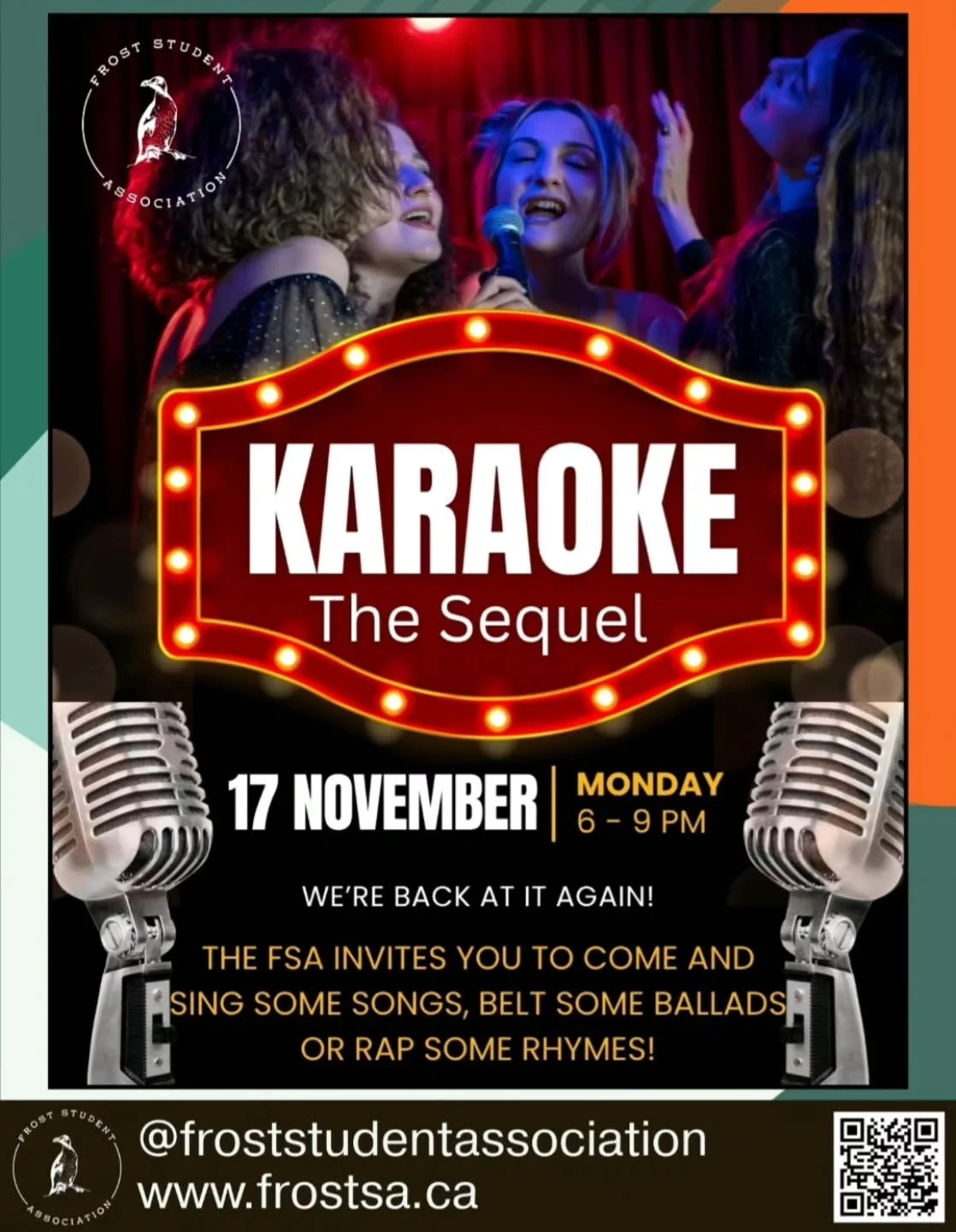 Calling all those with the funk in them!

Whether you missed the first karaoke night, were too scared to take the stage, or sing your heart out every time; now is your chance to shine! 

The FSA is proud to announce that our second Karaoke Night will