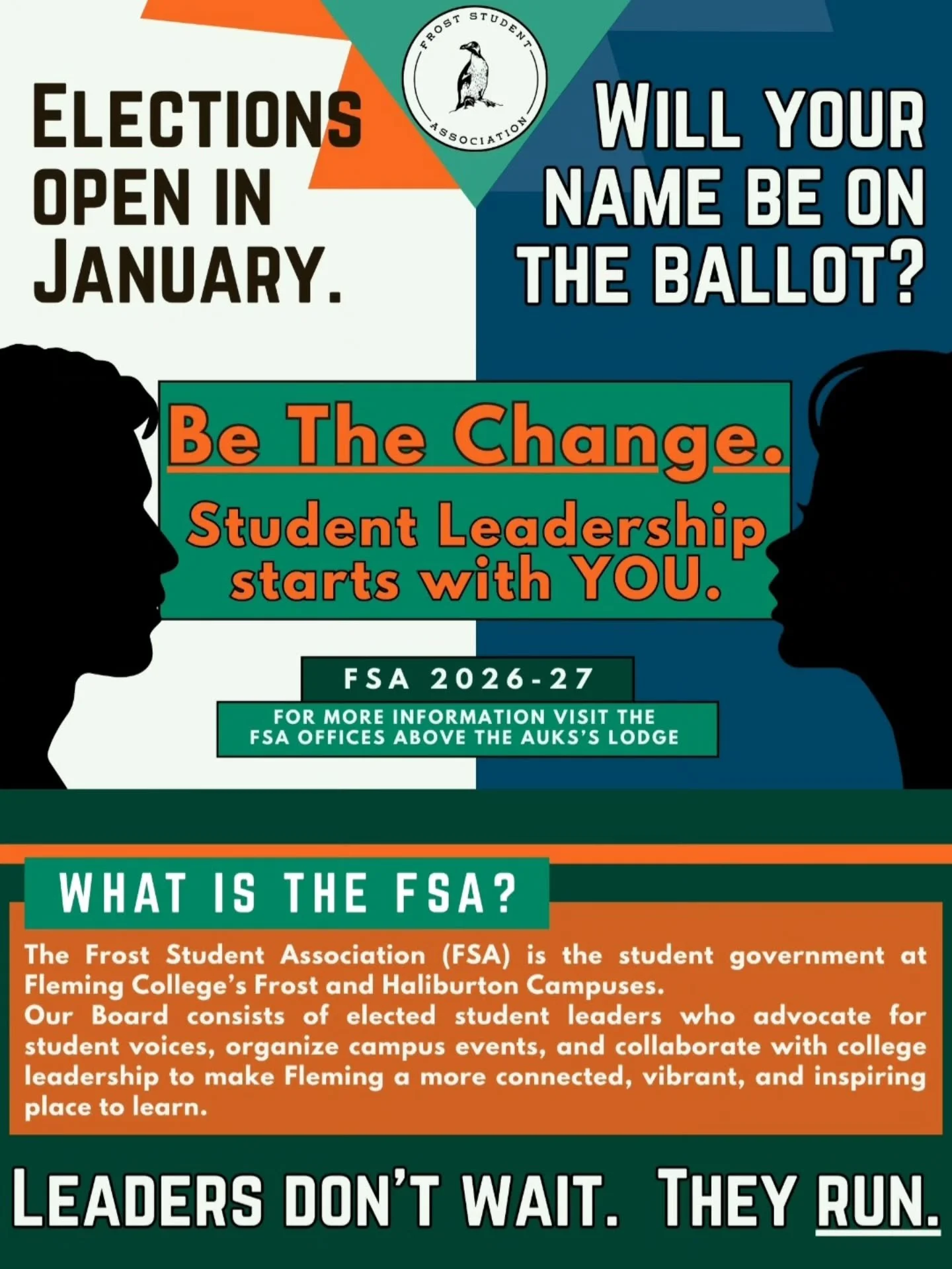 🚀&nbsp;LEADERS DON&rsquo;T WAIT. THEY RUN.

FSA Elections for the 2026&ndash;27 Board&nbsp;open this January!
If you&rsquo;ve ever wanted to make a difference on campus,&nbsp;this is your moment.&nbsp;💥

Join the Frost Student Association - advocat