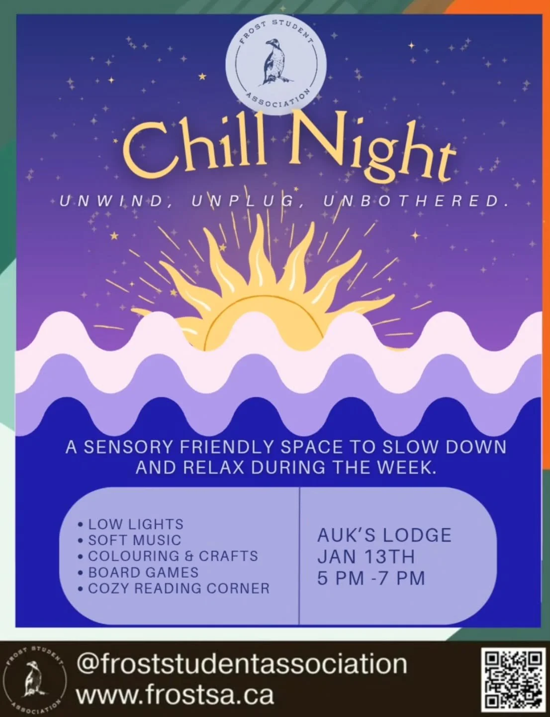 Looking for a cozy space to unwind in? Come to Chill Night at the Auk's Lodge tonight!