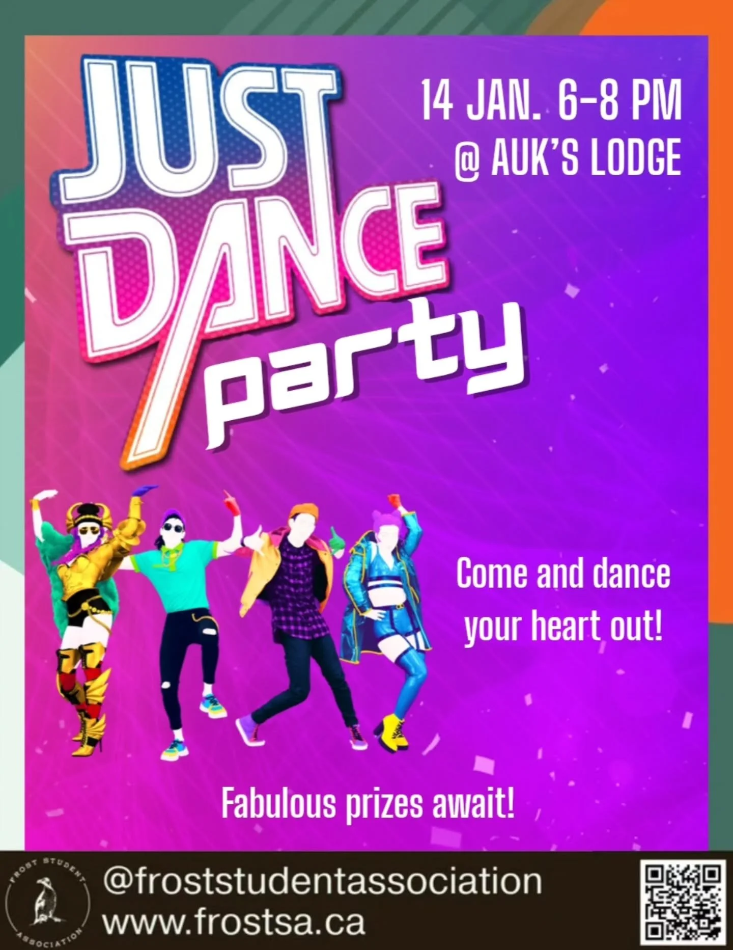 The FSA's Just Dance Party is happening tonight at 6:00 pm! 

Come on over to dance and win some prizes.