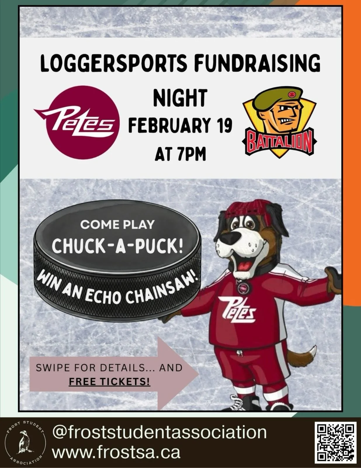 Hey Frosties! Get your Pete's tickets for just $25 to support the Fleming Loggersports team - first 50 people to scan the QR code get them free! Plus, FSA's offering a free shuttle to and from the game! Don't miss out, launching tomorrow!