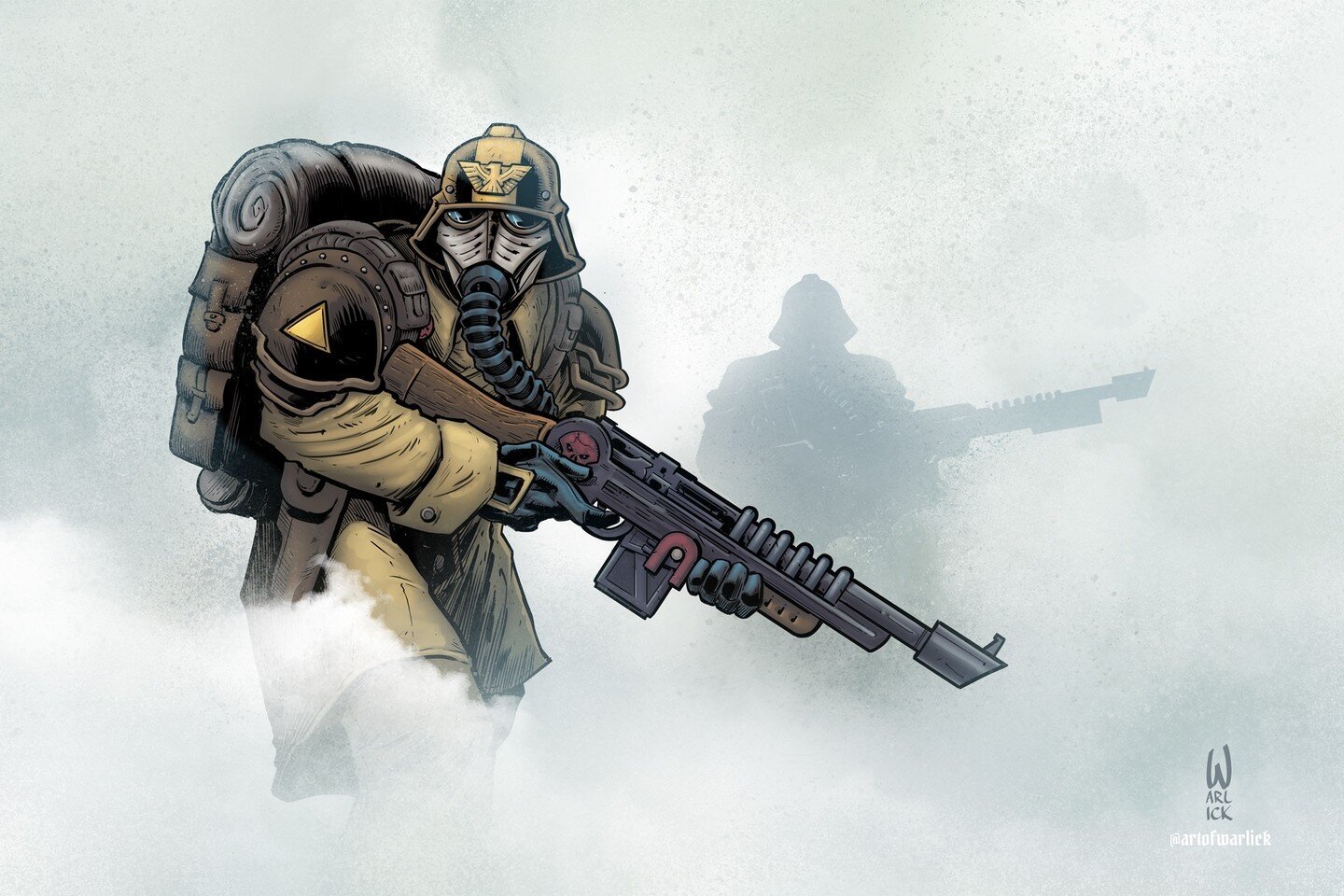 Attention all Warhammer 40K fans! Check out my latest commission &ndash; an illustration of a fan&rsquo;s custom #DeathKorps Trooper stalking heretics through alien fog. ⁠
⁠
Follow me for more sci-fi and fantasy art and let me know in the comments wh