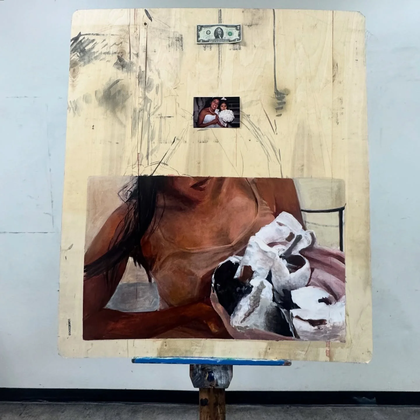 🫡
first crit today

This piece by senior Melanie Lopez reflects her ongoing body of work around labor, working-class heritage, and the layered histories of Miami. Combining painting, photography, and the everyday symbol of a dollar bill, she is buil