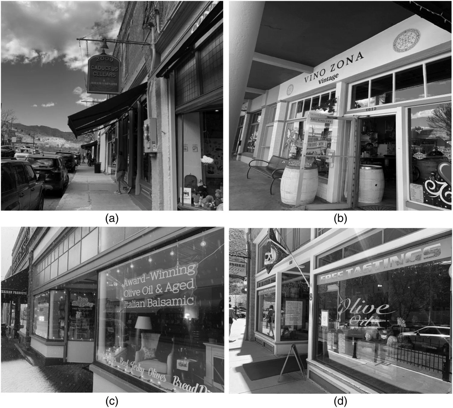 4 photographs visually comparing main streetscape between store fronts in 4 historic boom towns