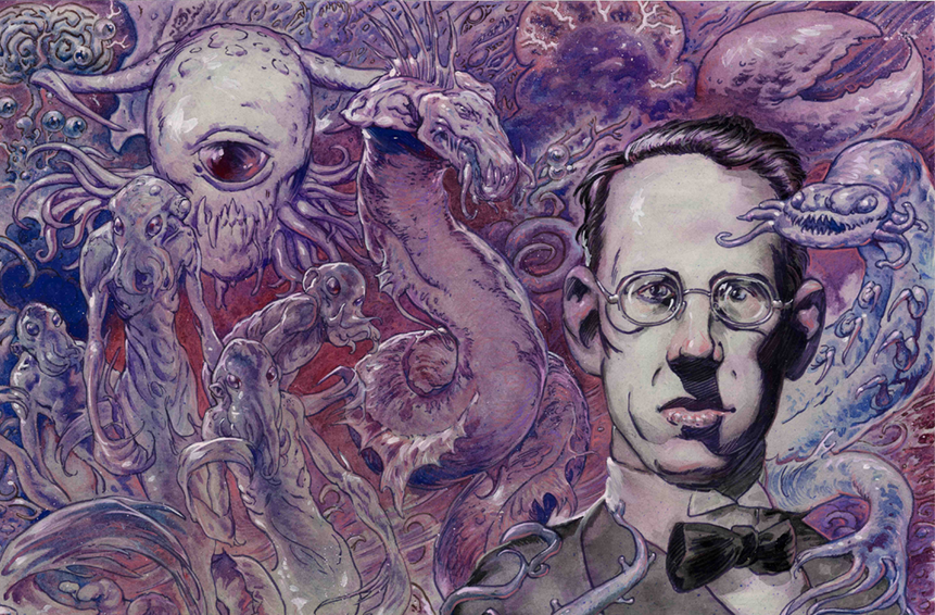 In this image for a Forbidden Futures article about Lovecraft features him and his creations are in the background