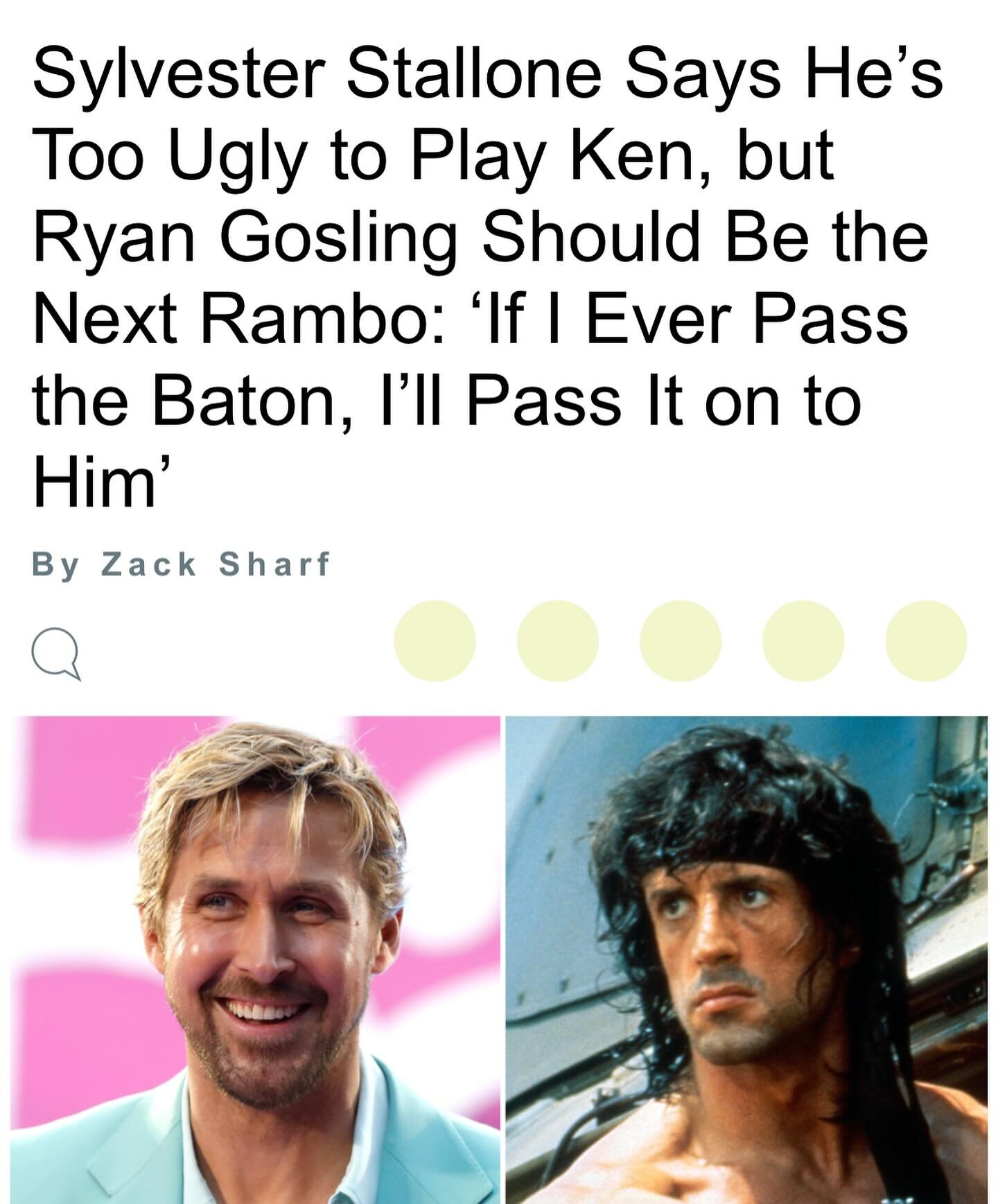 🎬 &hellip;Sly has chosen his Rambo successor. Ryan Gosling is an interesting choice&hellip; if they even make another installment. But who is to argue with Sly on his musings, however, maybe ask David Morrell, the creator of Rambo to get his take. 
