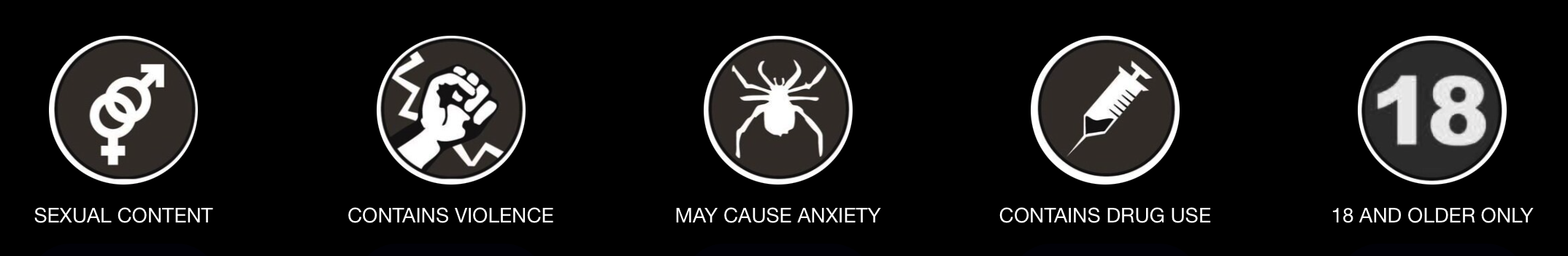 Warning icons and text indicating content has sexual content, contains violence, may cause anxiety, contains drug use, and is for 18 plus age.