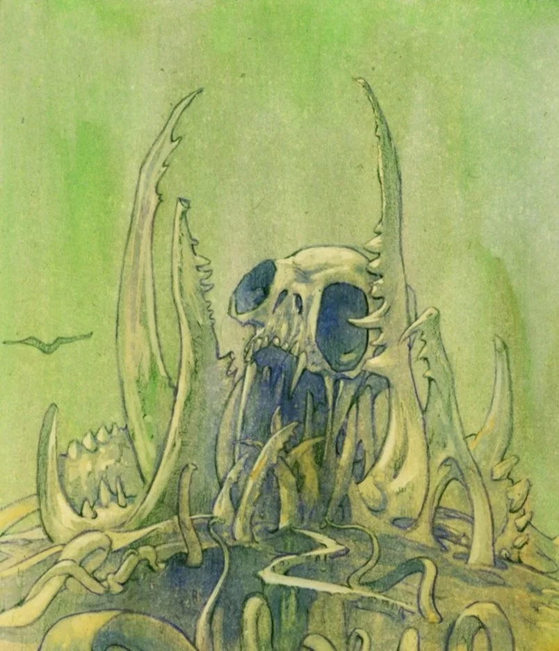 A drawing of a skull with large horns, set amidst twisted, elongated bone structures, in shades of green and yellow.