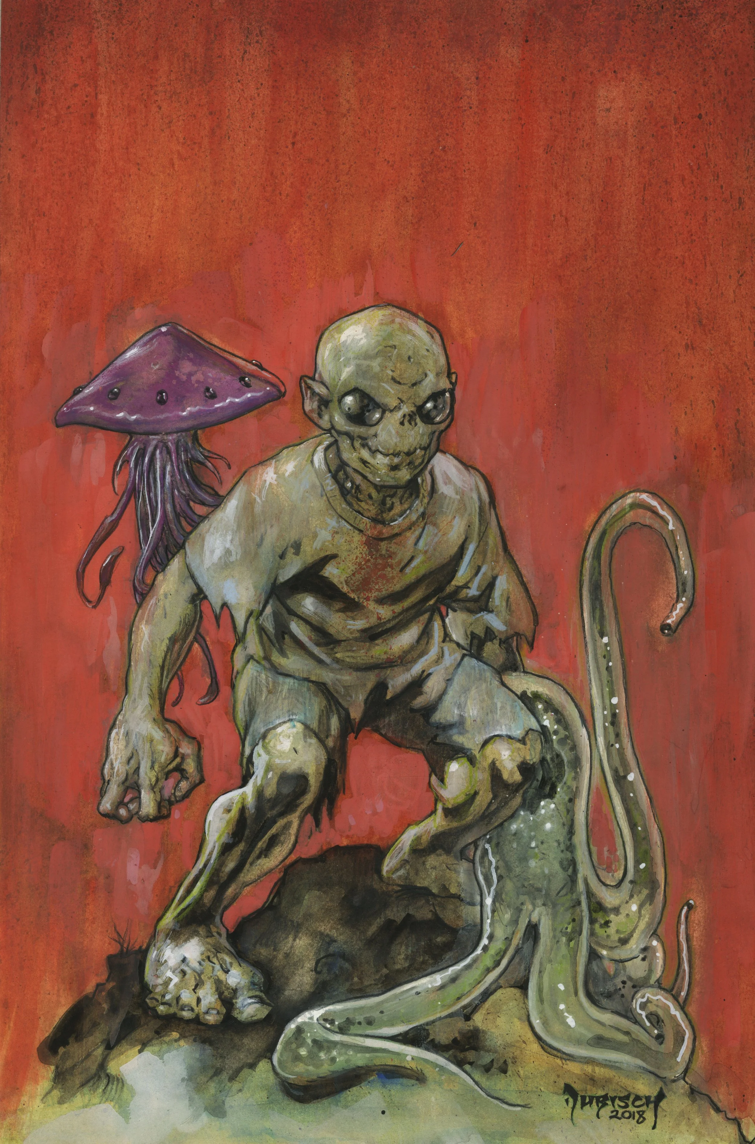 A creepy illustration of a monster with a skull face, large black eyes, greenish skin, wearing torn clothes, with a purple jellyfish on its back, standing on a rock with a long tentacle curling nearby, set against a red background.