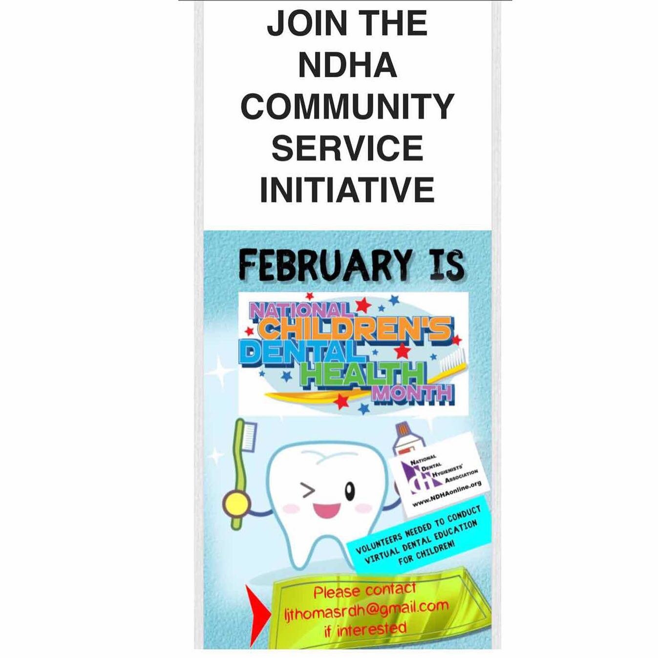 Join by volunteering with NDHA Community Service Initiative in February. We will be providing virtual dental education for children. #communityservice #dentalcommunity  #ndha #hygenist #vituallearning #volunteersneeded