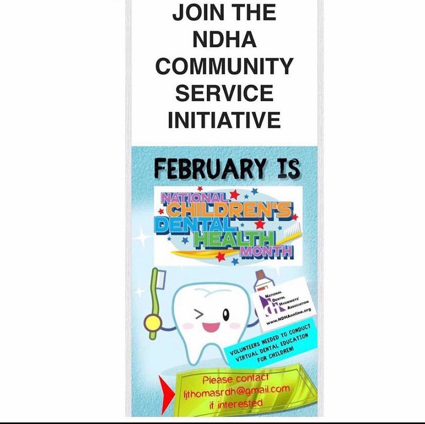 Join by volunteering with NDHA Community Service Initiative in February. We will be providing virtual dental education for children. #communityservice #dentalcommunity  #ndha #hygenist #vituallearning #volunteersneeded