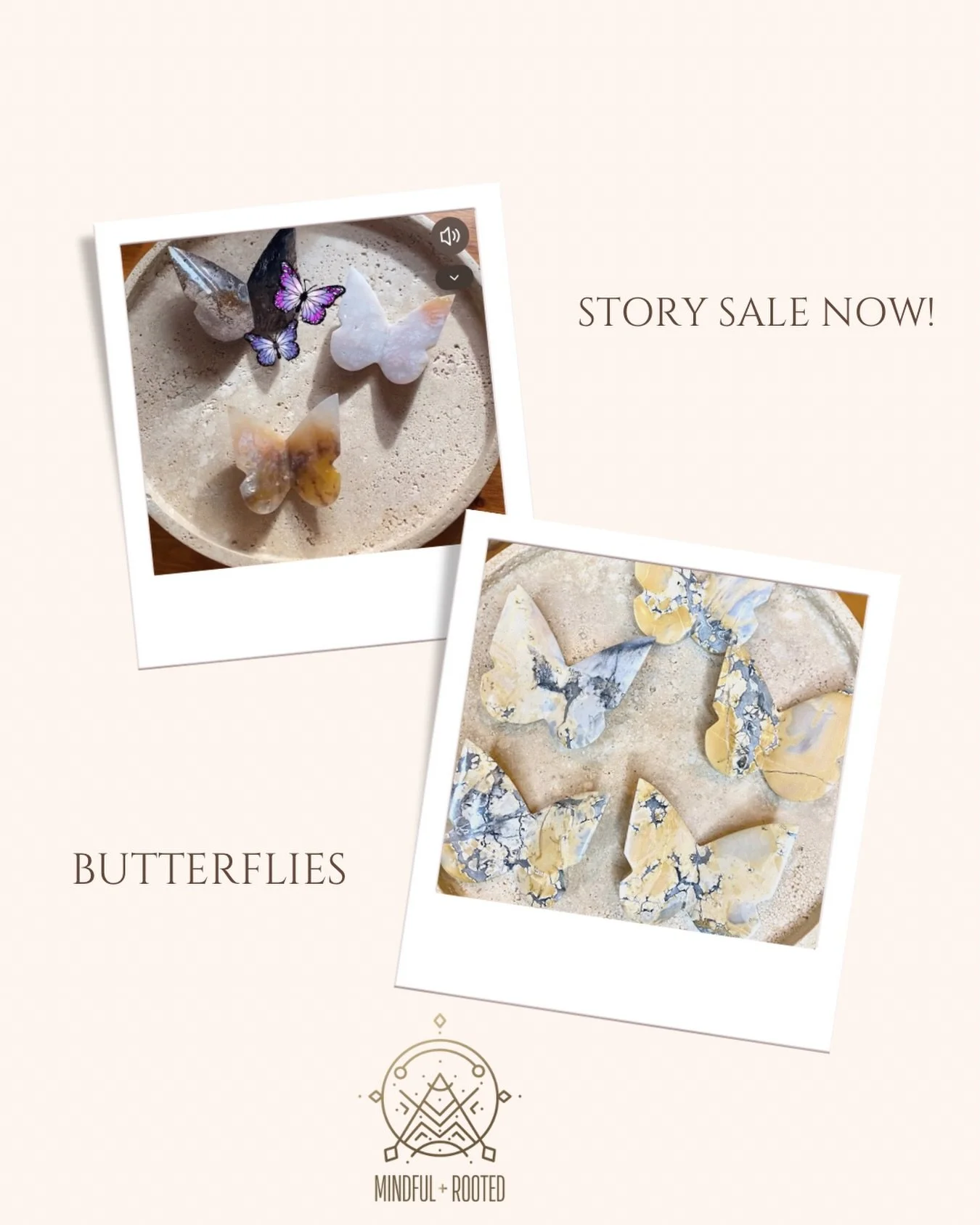 Cute Instagram Story Sale happening right now! New butterflies in Blue, Pink and Palm Agate and Magliano Jasper.  They are adorable and make you feel like spring is around the corner! 🫶🏼🦋

#butterflycrystal #agate #jasper #mindfulandrooted