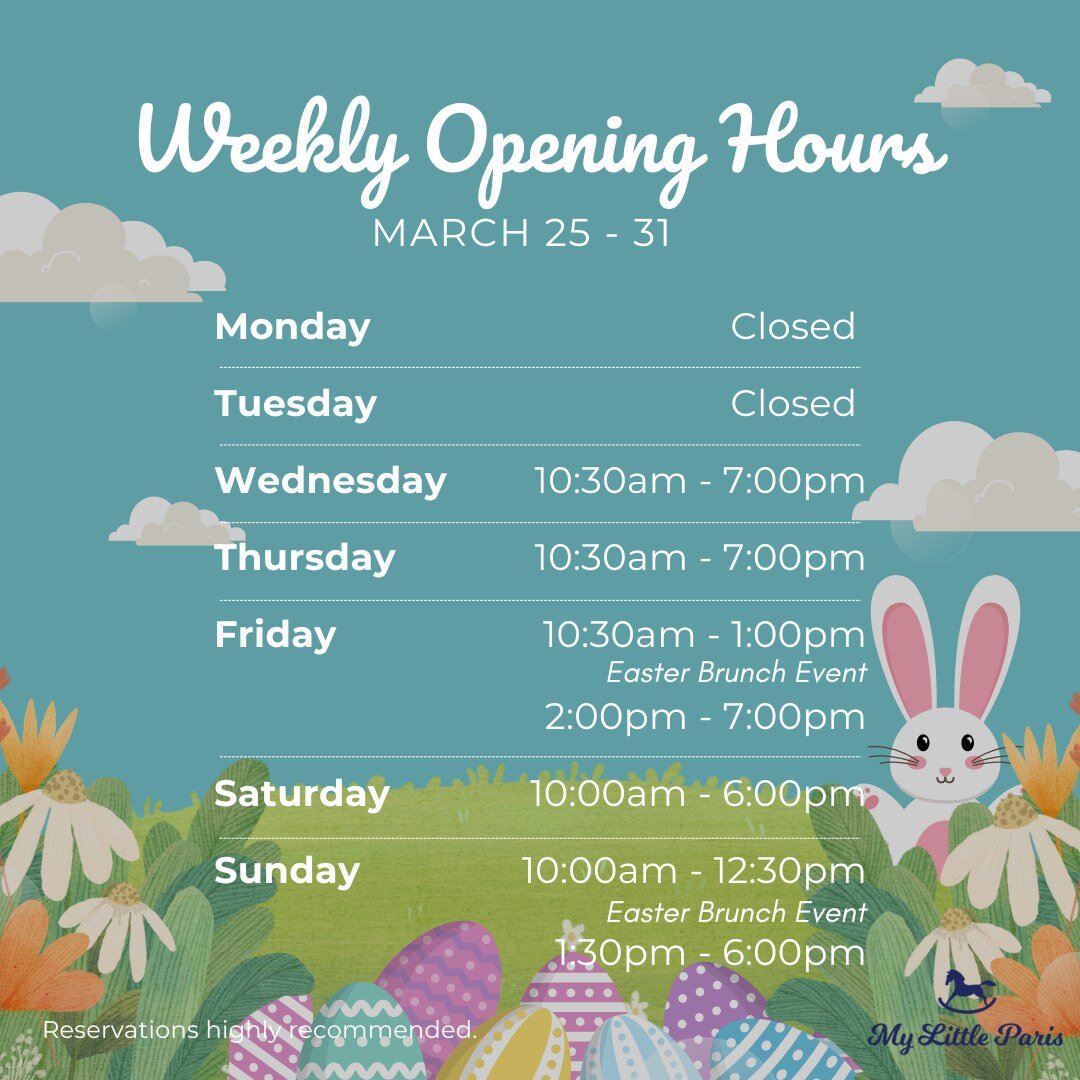 🐰 Hop into the Easter spirit with us! 🌸 Check out our opening hours this week to join in on the fun! 🥚 Don't miss our egg-citing Easter events this week featuring an egg hunt and a visit from the Easter Bunny! 🌼

#mylittlepariscafeplay #EasterBru