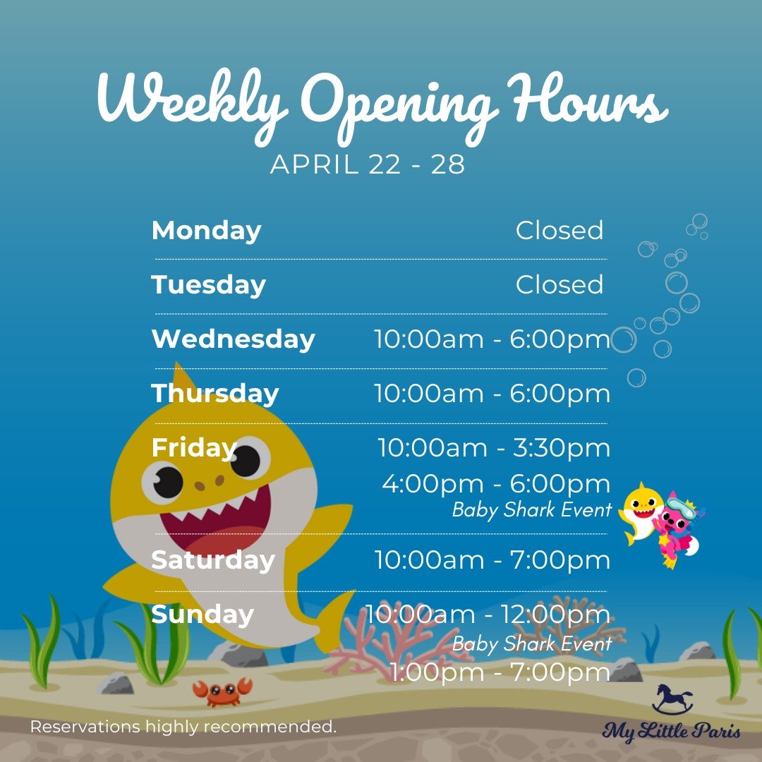 🕰️🍽️ Here's our new Open Eat &amp; Play Hours for this week.
We are now OPEN at 10AM on Weekdays to start your day with delicious food and exciting games &ndash; the perfect recipe for a memorable morning! 🍔🎮
Note that there will be two Baby Shar