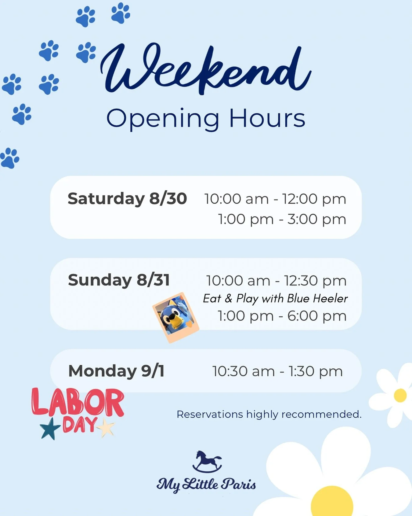 🎉 Here&rsquo;s our open Eat &amp; Play hours this weekend! 🎉

💙 Special Guest Visit &rarr; Sunday morning, come meet everyone&rsquo;s favorite blue pup 🐾✨
🇺🇸 Labor Day Fun &rarr; We&rsquo;ll be open Monday, Sept 1st from 10:30am&ndash;1:30pm fo