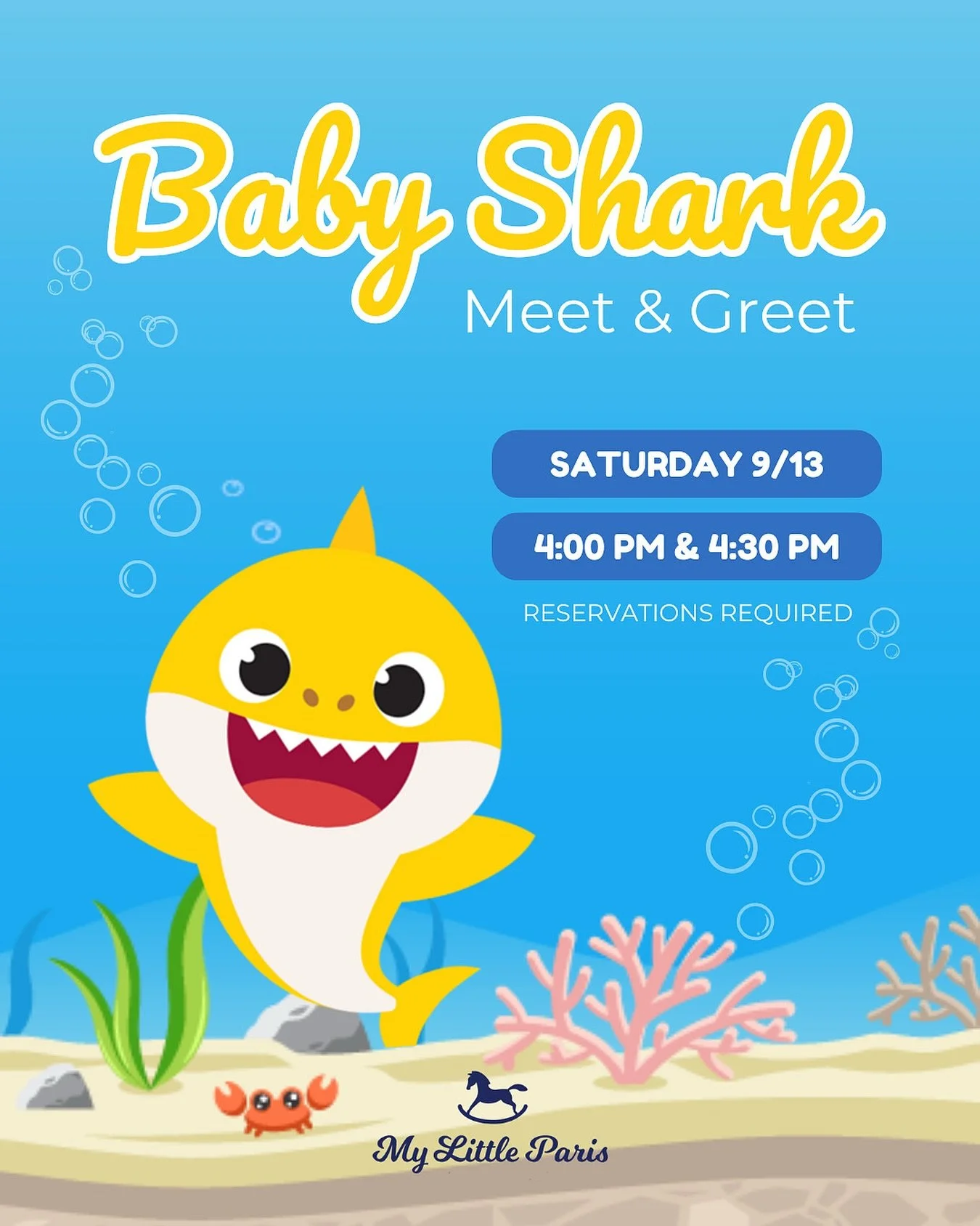 🦈🎶 𝗕𝗮𝗯𝘆 𝗦𝗵𝗮𝗿𝗸 𝗶𝘀 𝘀𝘄𝗶𝗺𝗺𝗶𝗻𝗴 𝘁𝗼 𝗠𝘆 𝗟𝗶𝘁𝘁𝗹𝗲 𝗣𝗮𝗿𝗶𝘀! 🎶🦈

Join us this 𝗦𝗮𝘁𝘂𝗿𝗱𝗮𝘆, 𝗦𝗲𝗽𝘁𝗲𝗺𝗯𝗲𝗿 𝟭𝟯 for a fintastic Eat &amp; Play session featuring:
✨ Meet &amp; Greet with Baby Shark
💃 Dance Party with di
