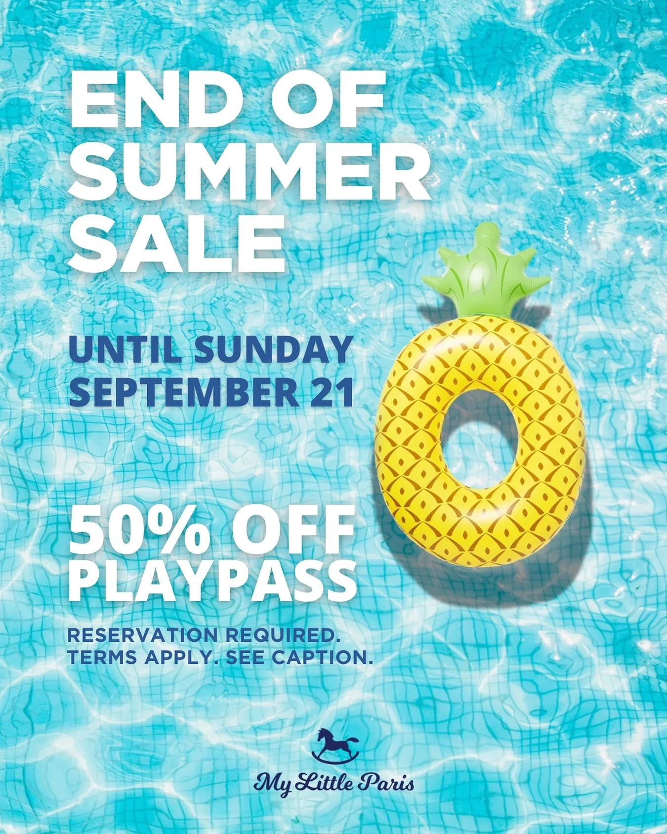 ☀️🍍 𝗘𝗻𝗱 𝗼𝗳 𝗦𝘂𝗺𝗺𝗲𝗿 𝗦𝗮𝗹𝗲! 🍍☀️
We&rsquo;re celebrating the last days of summer with a special treat for your little ones!

✨ 50% OFF Playpass ✨
📅 Now through 𝗦𝘂𝗻𝗱𝗮𝘆, 𝗦𝗲𝗽𝘁𝗲𝗺𝗯𝗲𝗿 𝟮𝟭
👶 Just $6.50 per child for 2 hours of 