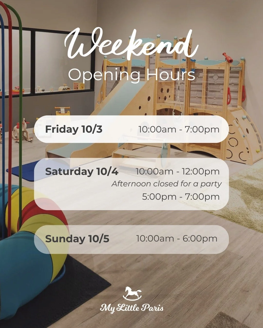 🕰️🎉 𝗪𝗲𝗲𝗸𝗲𝗻𝗱 𝗢𝗽𝗲𝗻𝗶𝗻𝗴 𝗛𝗼𝘂𝗿𝘀 𝗮𝗿𝗲 𝗵𝗲𝗿𝗲!

This weekend, don&rsquo;t miss our 𝘀𝗽𝗲𝗰𝗶𝗮𝗹 𝗣𝗮𝘆-𝗬𝗼𝘂𝗿-𝗔𝗴𝗲 𝗱𝗲𝗮𝗹 🤩 Use code 𝗣𝗔𝗬-𝗬𝗢𝗨𝗥-𝗔𝗚𝗘 when reserving online to get your little one&rsquo;s playpass for th