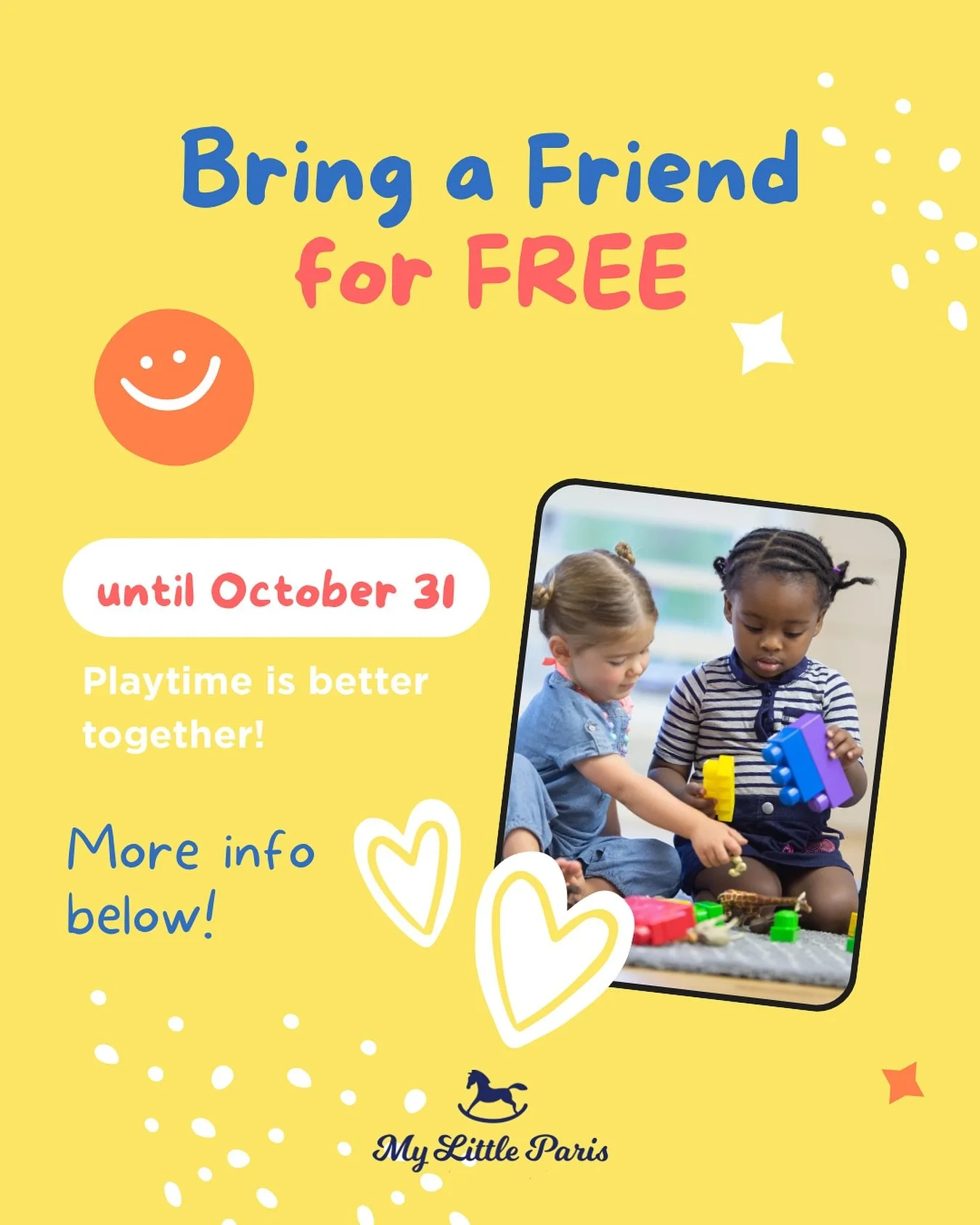 👯‍♀️ Double the fun, double the giggles!
Bring a friend for FREE when you visit My Little Paris from now until Oct 31!
🩵 Members, this includes you too! Bring a friend and share the fun — your guest plays free!
✅ Free entry applies to o