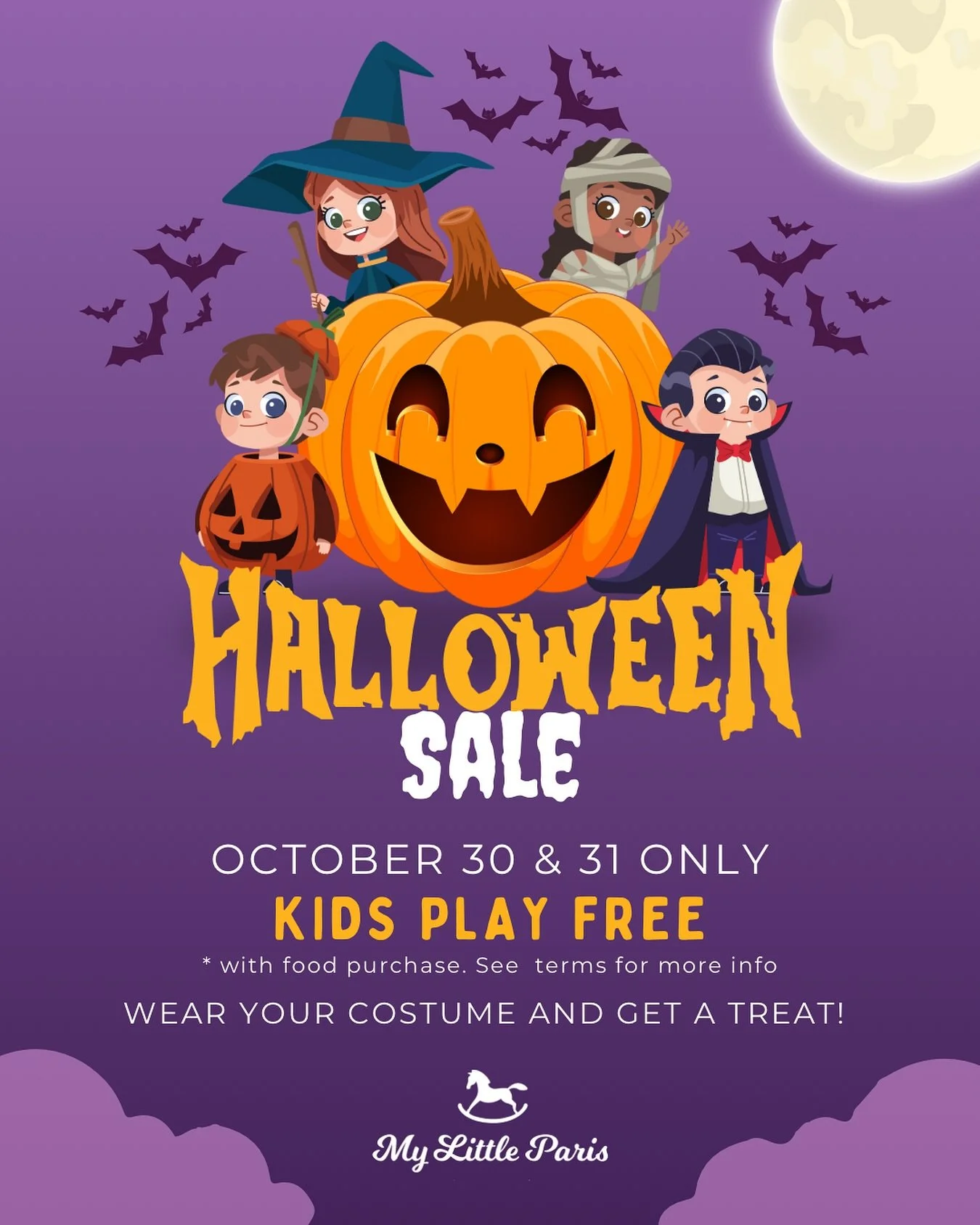 🎃 𝟐𝟒-𝐇𝐨𝐮𝐫 𝐇𝐚𝐥𝐥𝐨𝐰𝐞𝐞𝐧 𝐅𝐥𝐚𝐬𝐡 𝐒𝐚𝐥𝐞!👻

From now until Friday, Oct 31 at 2PM &mdash;
Kids PLAY FREE with the purchase of a kid&rsquo;s Little Entr&eacute;e! 🍝
(Each adult must also order 1 entr&eacute;e.)

👗 Come in costume for 