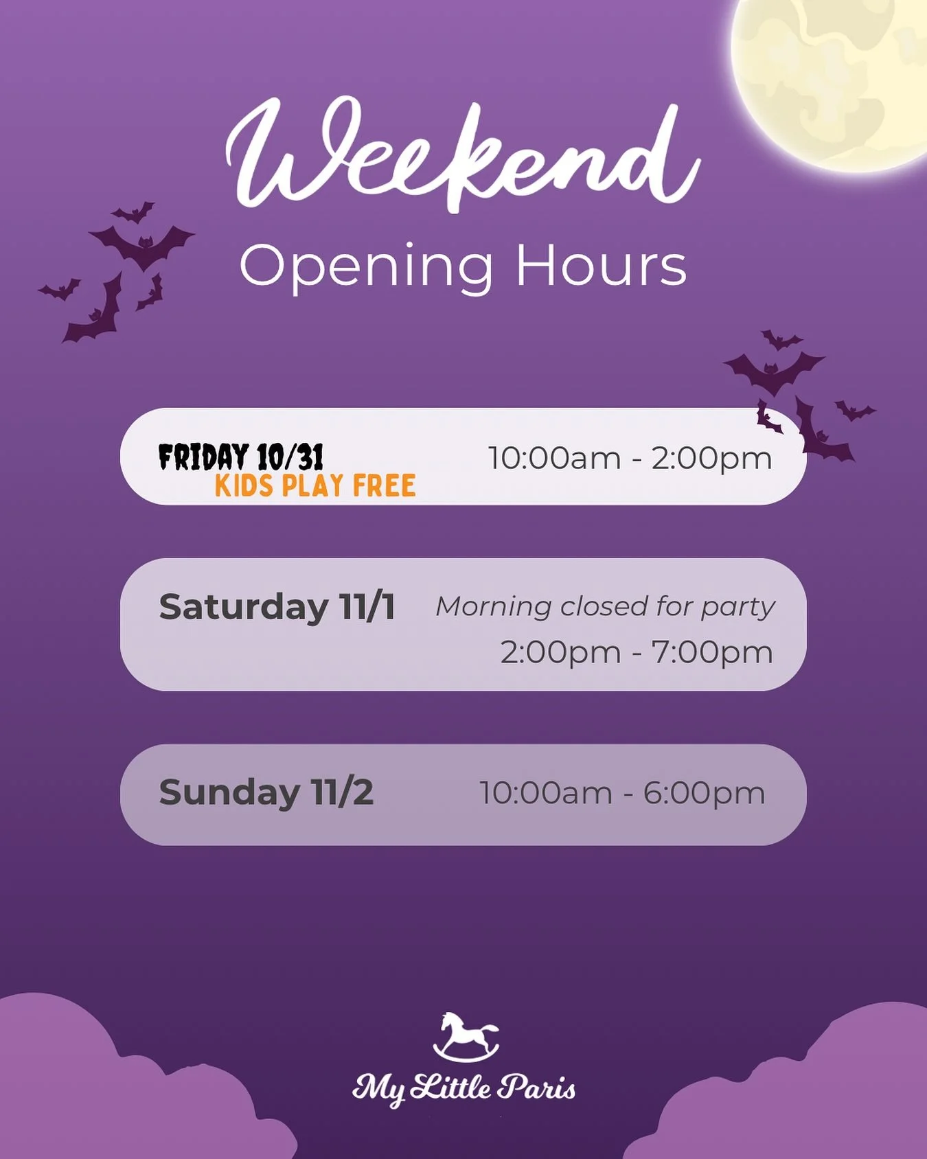 🎃🕰️ This Weekend at My Little Paris!

Get ready for a spooktacular time! 👻 This Friday, October 31, enjoy our Spooky Sale &mdash; Kids eat FREE with the purchase of a kid&rsquo;s meal! 🍔🍟

Don&rsquo;t miss this frightfully fun deal and check out