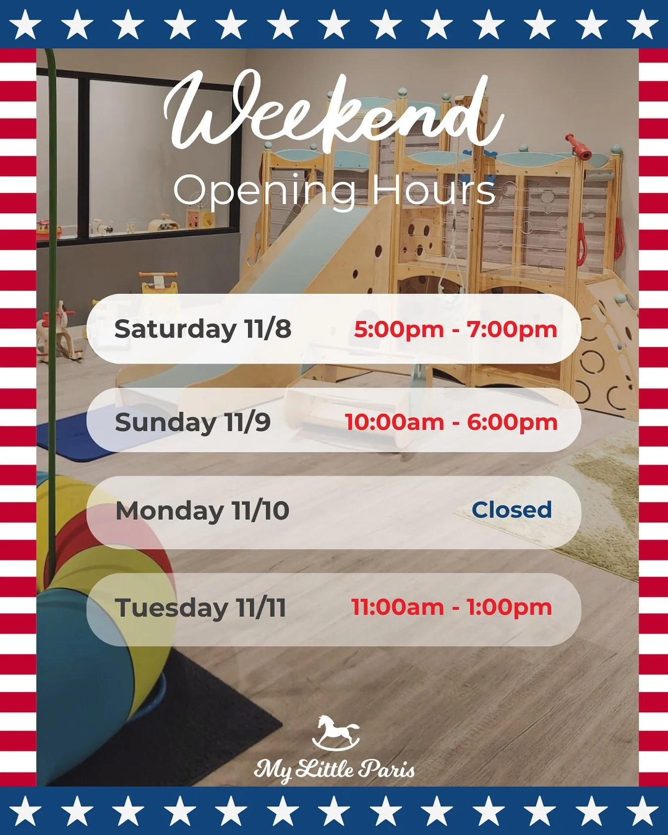 🕰️🇺🇸 Long Weekend Opening Hours

It&rsquo;s Veterans Day weekend, and we&rsquo;re honoring those who&rsquo;ve served with gratitude and respect. ❤️🤍💙

We&rsquo;re open this weekend - check out hours. 
We&rsquo;ll be closed on Monday as usual, bu