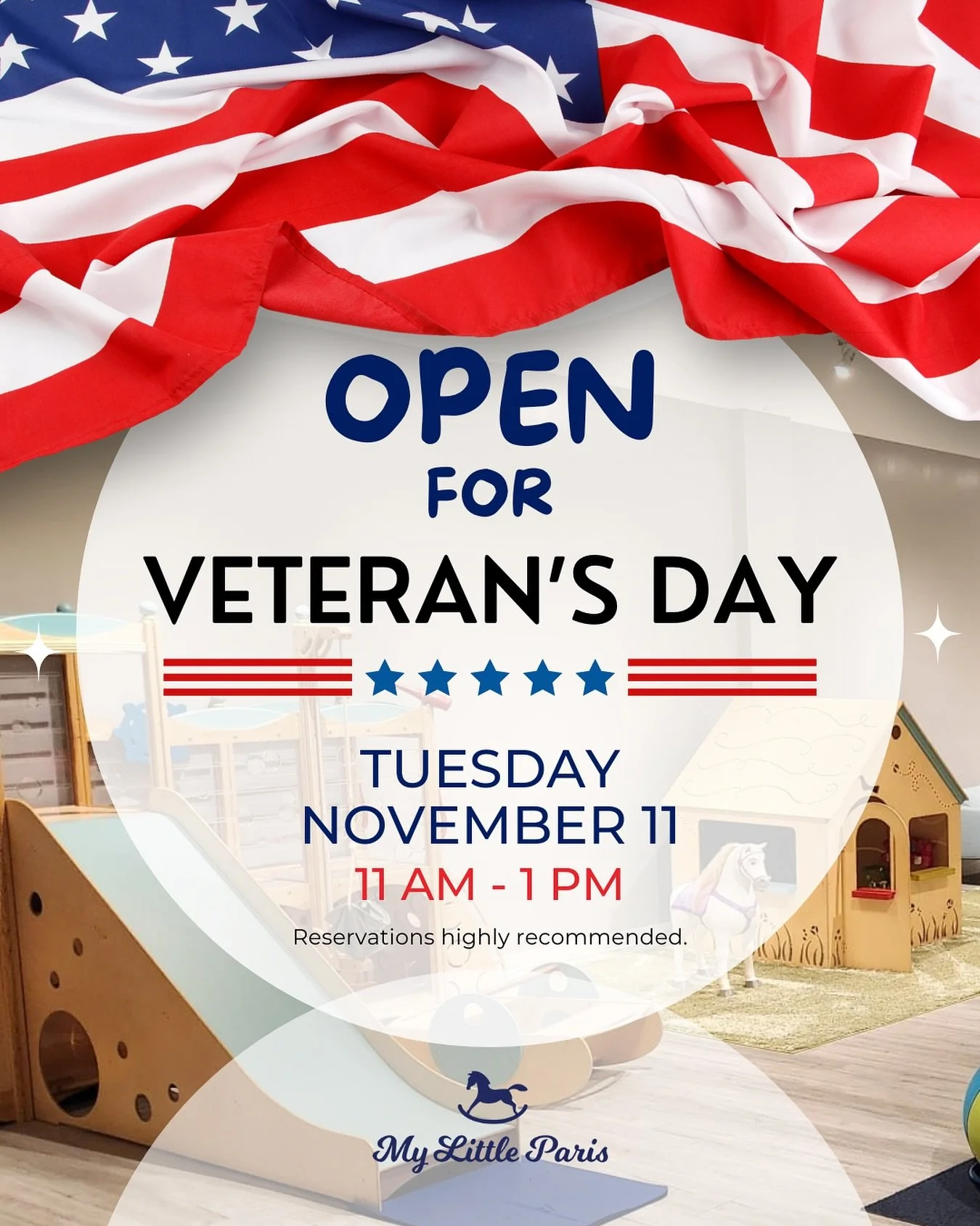 🇺🇸✨ 𝐖𝐞&rsquo;𝐫𝐞 𝐎𝐩𝐞𝐧 𝐟𝐨𝐫 𝐕𝐞𝐭𝐞𝐫𝐚𝐧𝐬 𝐃𝐚𝐲!

Join us this 𝗧𝘂𝗲𝘀𝗱𝗮𝘆, 𝗡𝗼𝘃𝗲𝗺𝗯𝗲𝗿 𝟭𝟭, as we open from 𝟭𝟭𝗮𝗺 𝘁𝗼 𝟭𝗽𝗺 for a special Veterans Day play session! 🎉 Bring the family, relax, and enjoy some quality time 
