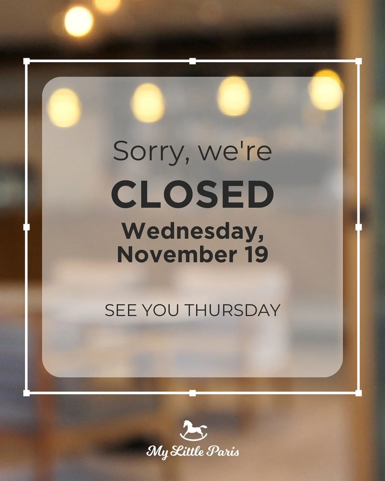 We&rsquo;re taking a little midweek break &mdash; closed on Wednesday, November 19 &mdash; but don&rsquo;t worry&hellip; we&rsquo;ll be right back with all the fun on Thursday! 🎉

Can&rsquo;t wait to see you then! 💙

#mylittlepariscafeplay #SeeYouT