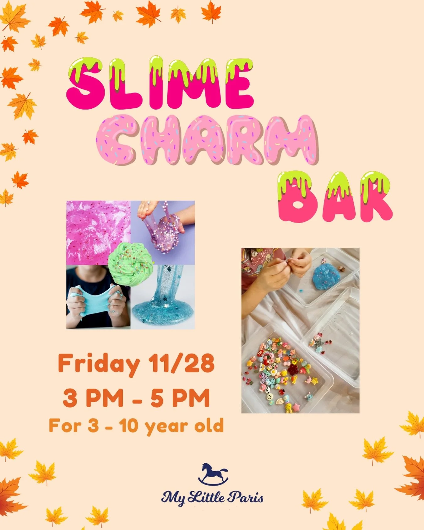 🧪✨ 𝗦𝗹𝗶𝗺𝗲 𝗖𝗵𝗮𝗿𝗺 𝗕𝗮𝗿 &mdash; 𝗧𝗵𝗶𝘀 𝗙𝗿𝗶𝗱𝗮𝘆!
 It&rsquo;s time to mix, squish, sprinkle, and sparkle! 
Kids pick their colors, glitter, and charms to make the ultimate slime creation. 💖

📅 Friday 11/28
 🕒 3&ndash;5 PM
 🎟️ $25/ch