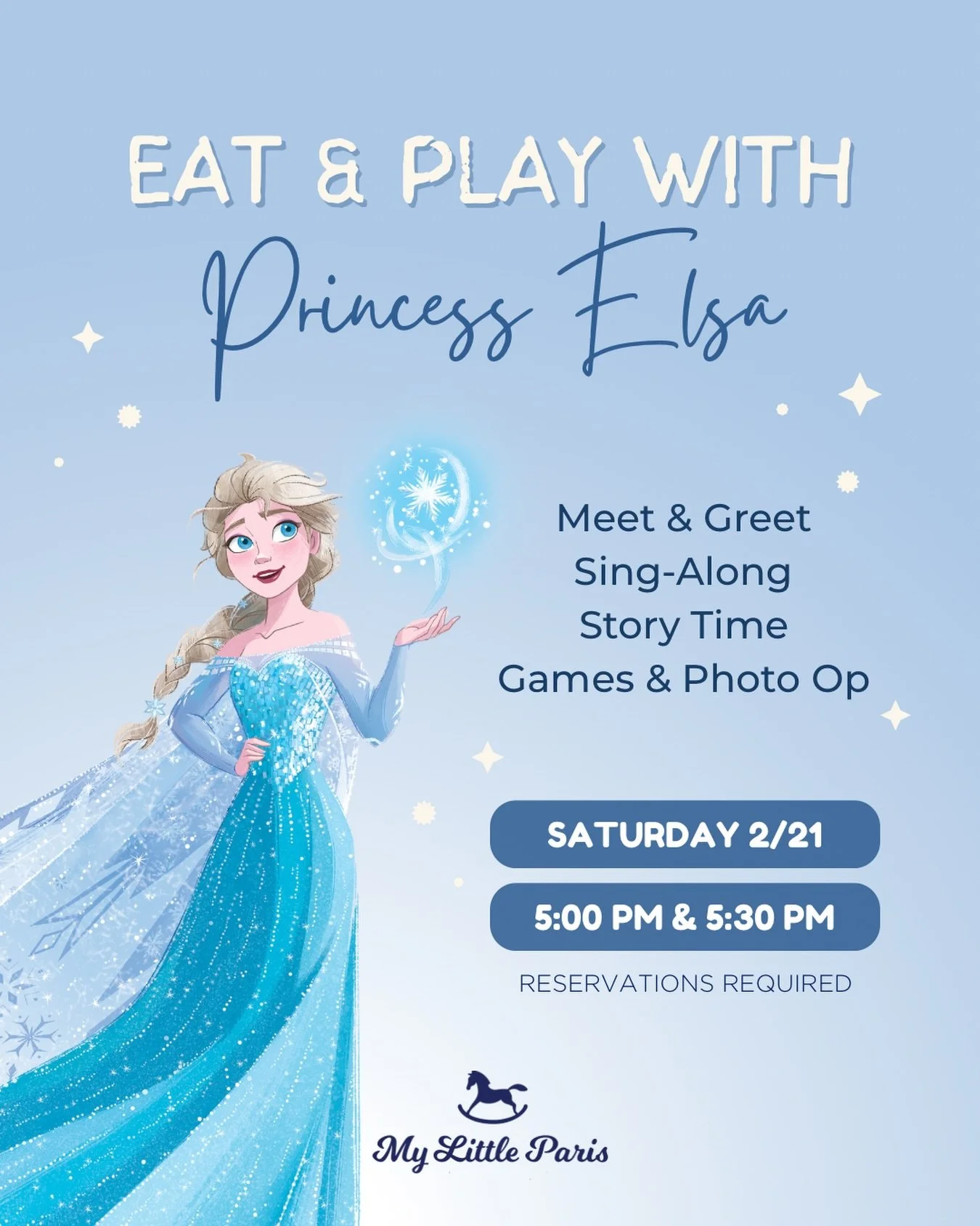 ❄️✨ A magical winter evening awaits ✨❄️

Join us on February 21 for a special Eat &amp; Play with Princess Elsa dinner event! 👑

Your little ones will enjoy:
💙 A royal meet &amp; greet
🎤 Sing-along time
📖 Enchanting story time
🎲 Fun interactive 