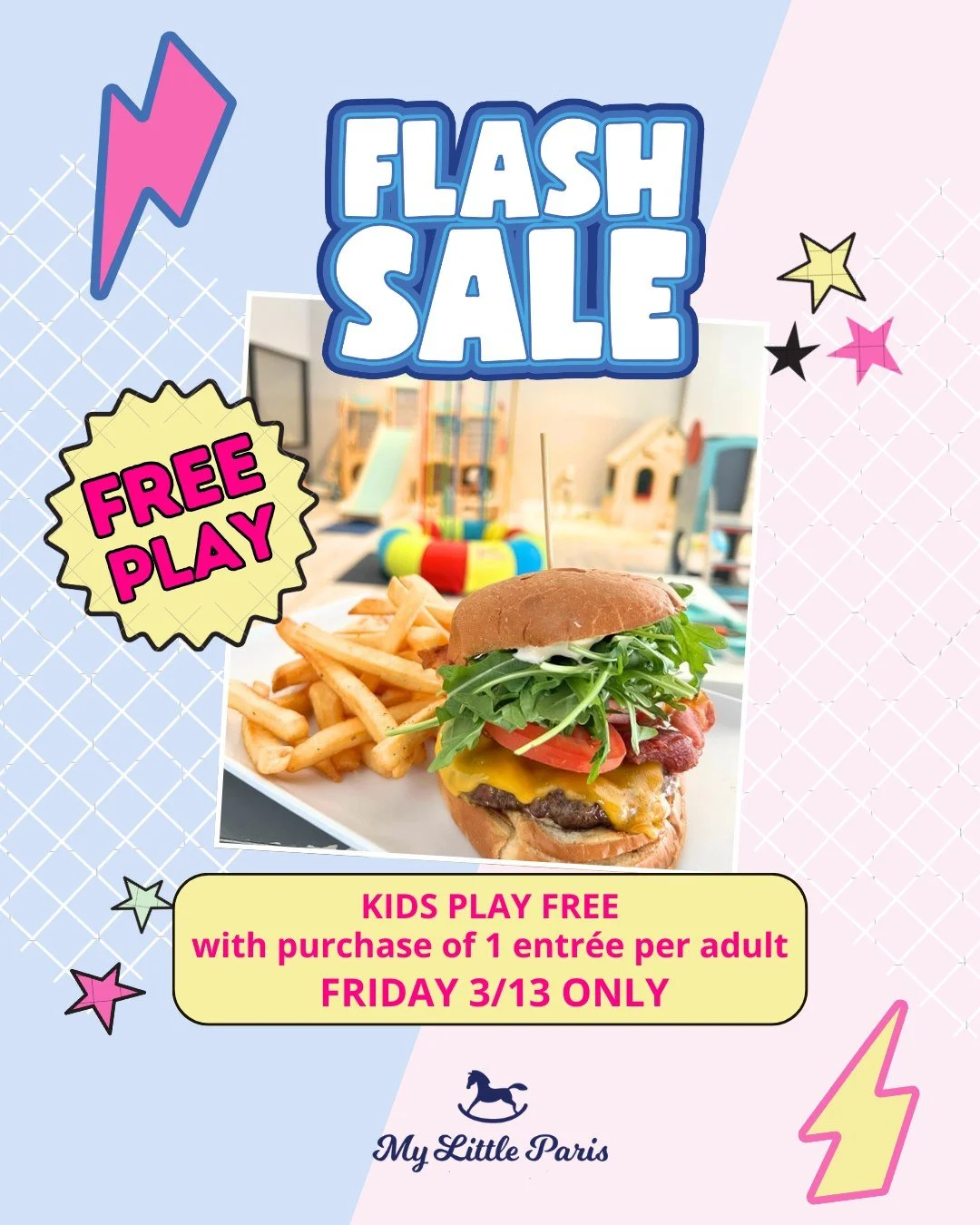 𝗙𝗲𝗲𝗹𝗶𝗻𝗴 𝗹𝘂𝗰𝗸𝘆? 🍀 𝗢𝗿 𝗺𝗮𝘆𝗯𝗲 𝗮 𝗹𝗶𝘁𝘁𝗹𝗲 𝘀𝘂𝗽𝗲𝗿𝘀𝘁𝗶𝘁𝗶𝗼𝘂𝘀?

To celebrate Friday the 13th, we&rsquo;re offering a 𝗼𝗻𝗲-𝗱𝗮𝘆 𝗳𝗹𝗮𝘀𝗵 𝘀𝗮𝗹𝗲 at My Little Paris.

✨ Enjoy special FREE PLAY when you dine with us.

?