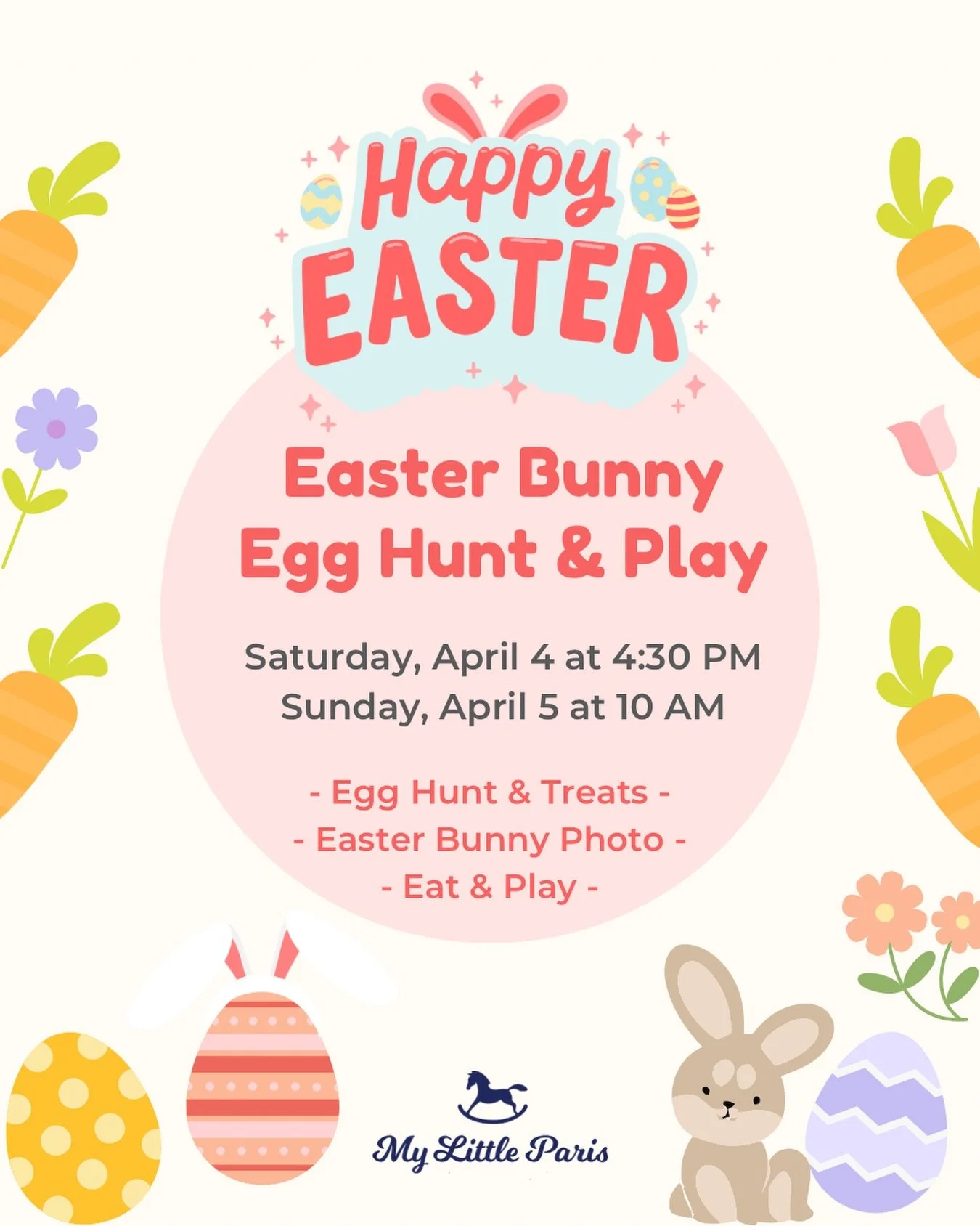 🐣🥞 Hop into Spring at our Easter Bunny Egg Hunt &amp; Play! 🐰🌸

Join us for a sweet and festive celebration featuring:
🥚 Egg Hunt with Treats
📸 Photo Op with the Easter Bunny
🐰 Eat, play &amp; relax

📅  2 sessions:
Sat 4/4, 4:30 pm - 7:00 pm
