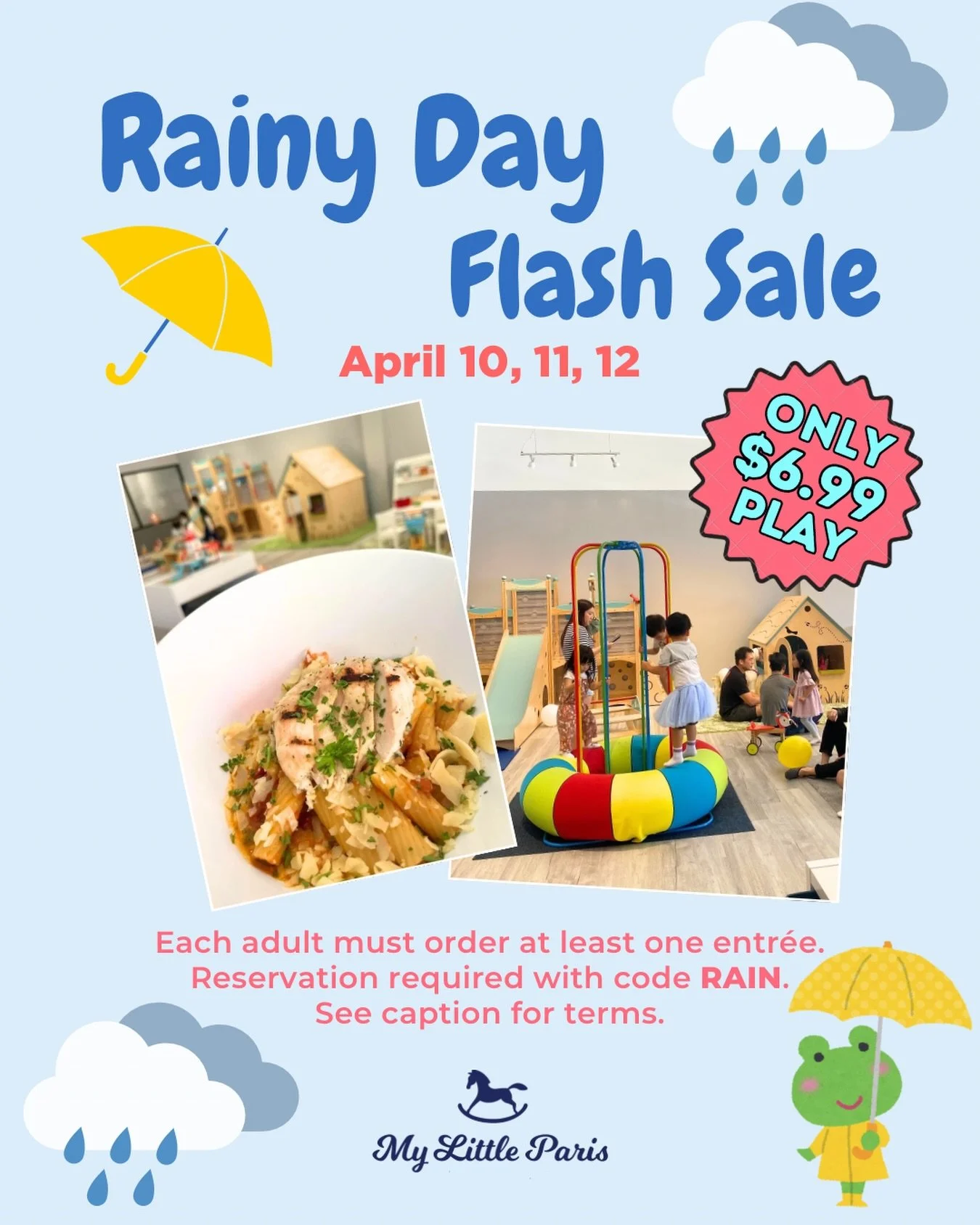 Rainy days = play days ☔️✨

Join us this weekend for our 𝗥𝗮𝗶𝗻𝘆 𝗗𝗮𝘆 𝗙𝗹𝗮𝘀𝗵 𝗦𝗮𝗹𝗲 and let the kids run, climb, and play while you stay warm and cozy 💛

🎟️ Playpass: $6.99 (regular $12.99!)
📅 Valid: April 10, 11 &amp; 12
🔑 Reservation