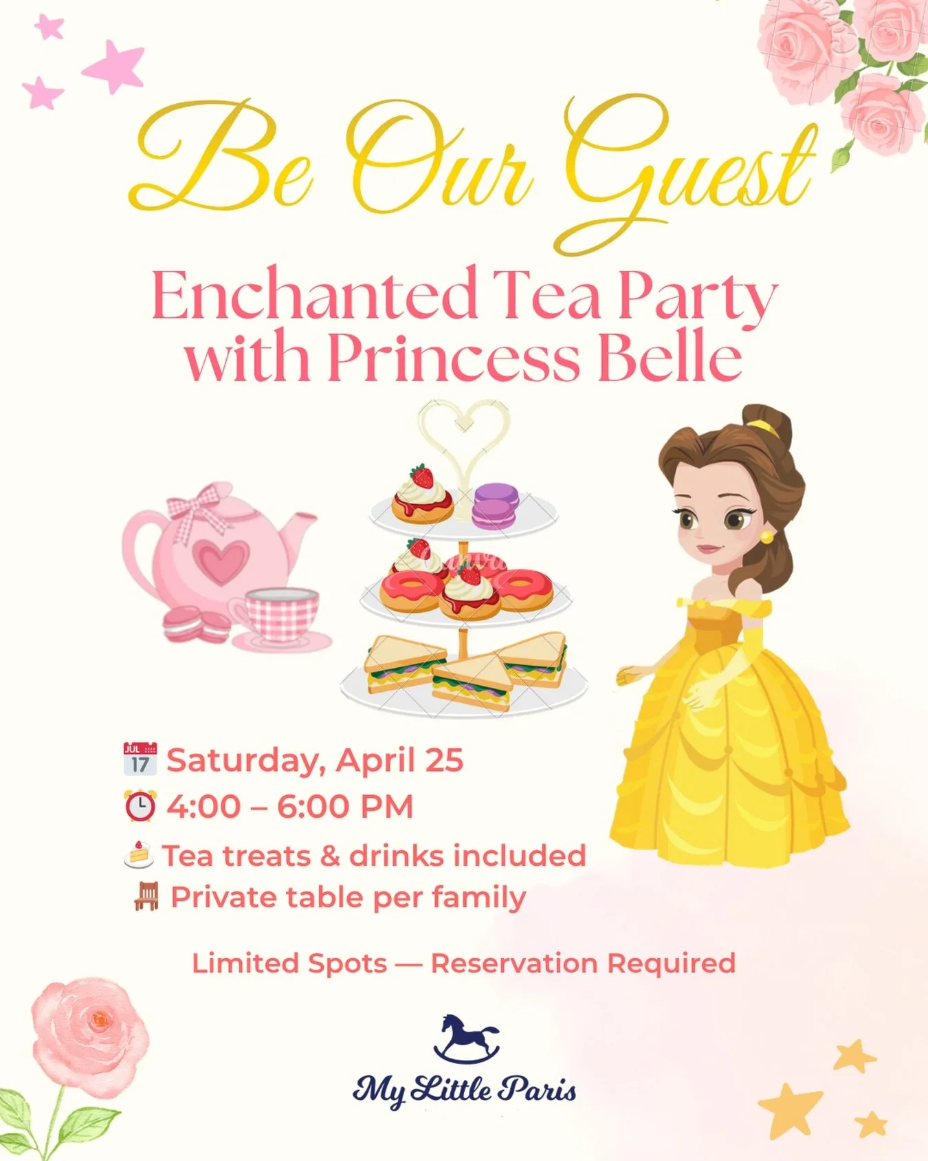✨ Be Our Guest&hellip; ✨

Join us for a magical tea party with a real princess ✨
A special afternoon your little one won&rsquo;t forget 💛

Our 𝗘𝗻𝗰𝗵𝗮𝗻𝘁𝗲𝗱 𝗧𝗲𝗮 𝗣𝗮𝗿𝘁𝘆 𝘄𝗶𝘁𝗵 𝗣𝗿𝗶𝗻𝗰𝗲𝘀𝘀 𝗕𝗲𝗹𝗹𝗲 is a special experience designed