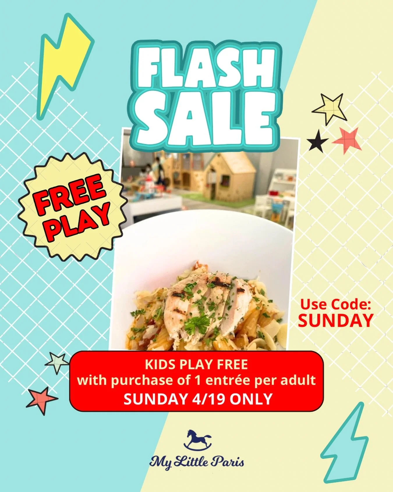✨ Kids play FREE this Sunday ✨

Looking for an easy, fun plan tomorrow? We&rsquo;ve got you 💛
Join us Sunday, April 19 and enjoy 𝗳𝗿𝗲𝗲 𝗽𝗹𝗮𝘆 𝗳𝗼𝗿 𝘆𝗼𝘂𝗿 𝗹𝗶𝘁𝘁𝗹𝗲 𝗼𝗻𝗲 when you dine with us.

🕙 10:00 AM &ndash; 6:00 PM
🎟 Use code: ?